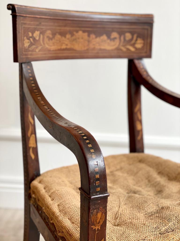 Early 19th Anglo-Dutch Mahogany and Parquetry Regency Open Armchair In Good Condition In London, GB