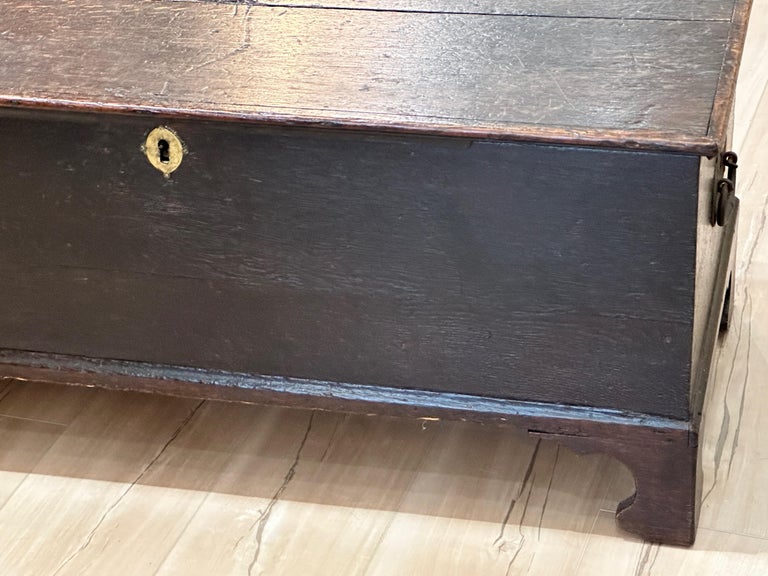 An early 19th C. small scale English oak traveling trunk, decorated with two initials in brass tacks on the front with iron bale handles, resting on carved bracket feet. A perfect size to be used as a cocktail table.