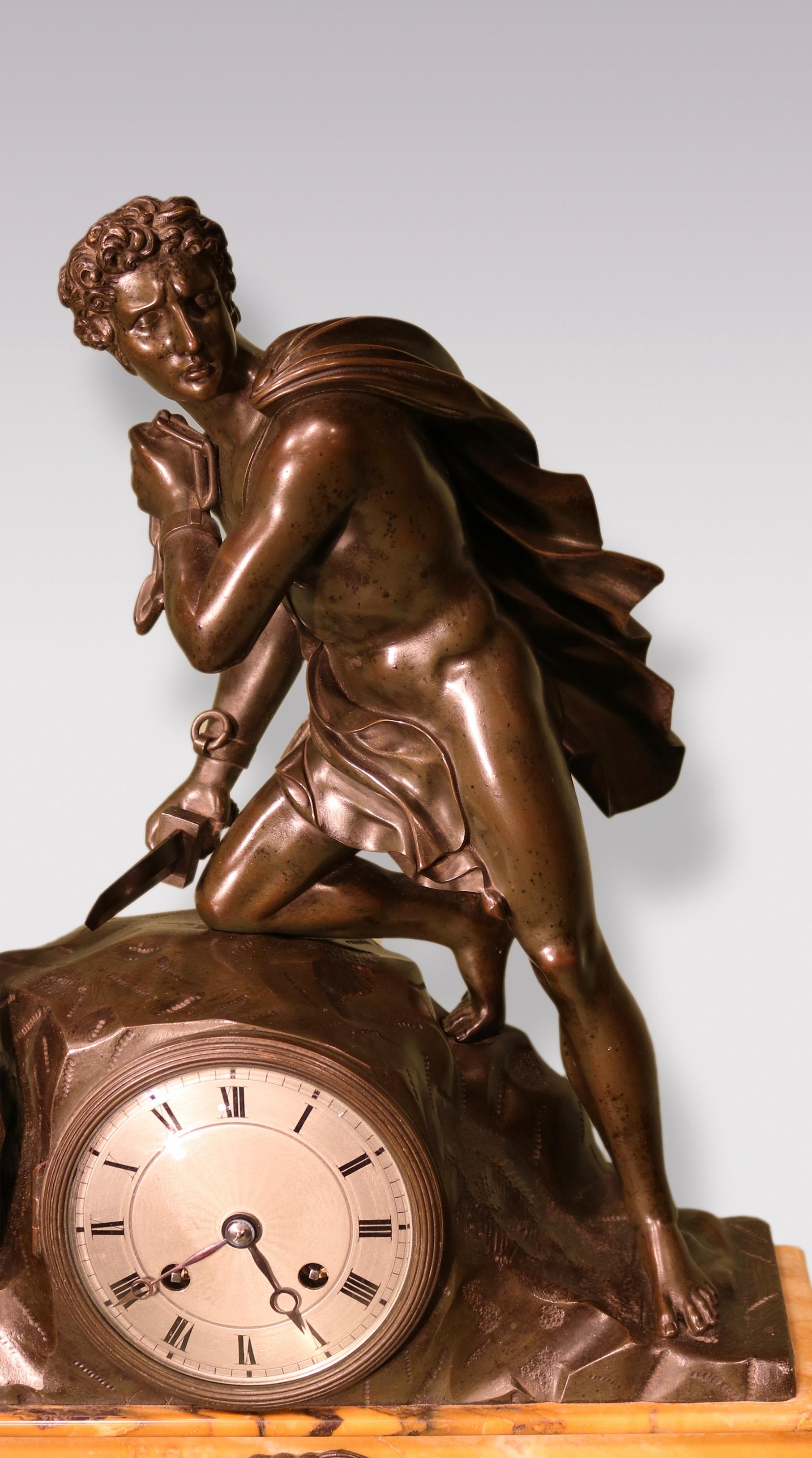 19th Century An early 19th century French bronze and marble mantel clock For Sale