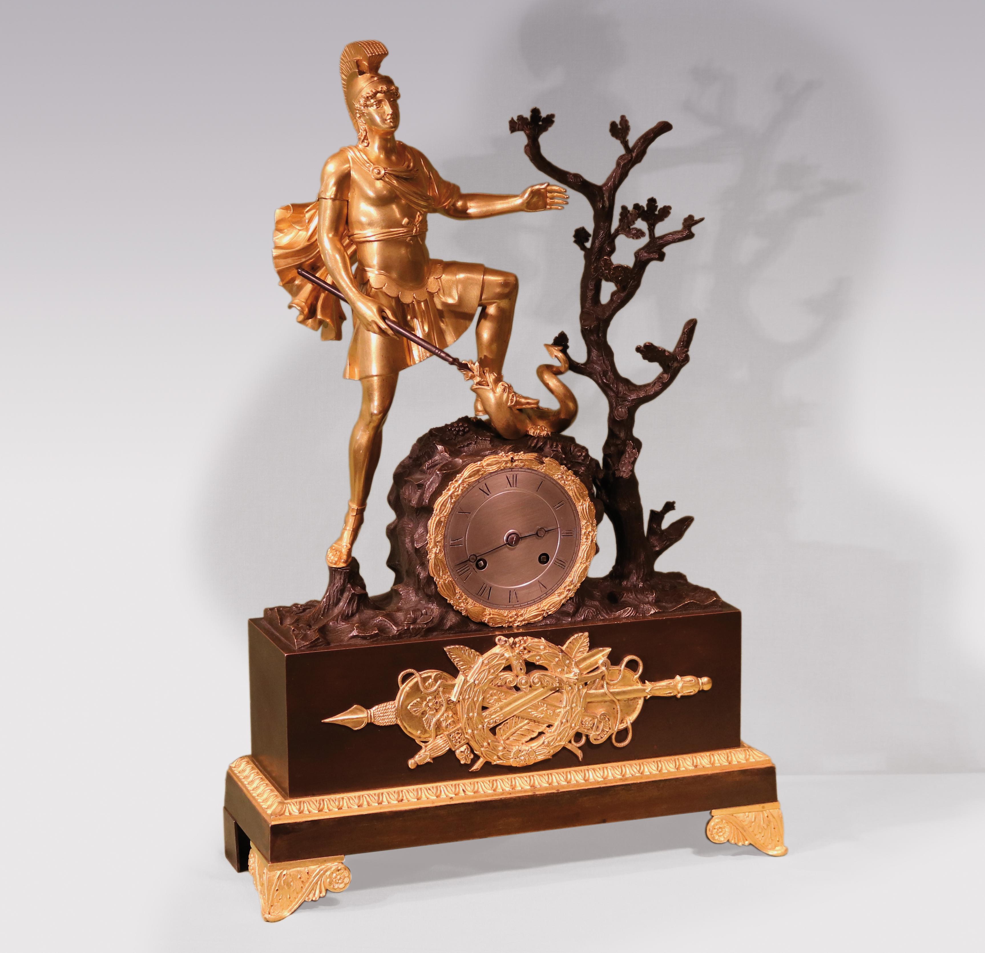 An early 19th Century French bronze & ormolu 8-Day striking Clock with silver dial (stamped Douon on inner plate and one spring dated 1824) mounted in unusual bronze & ormolu case depicting centurion slaying dragon on rocks with stylised tree,