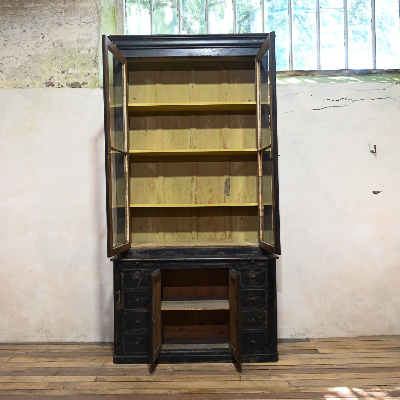 Tall 19th Century French Black Glazed Painted Bookcase - Cabinet For Sale 7