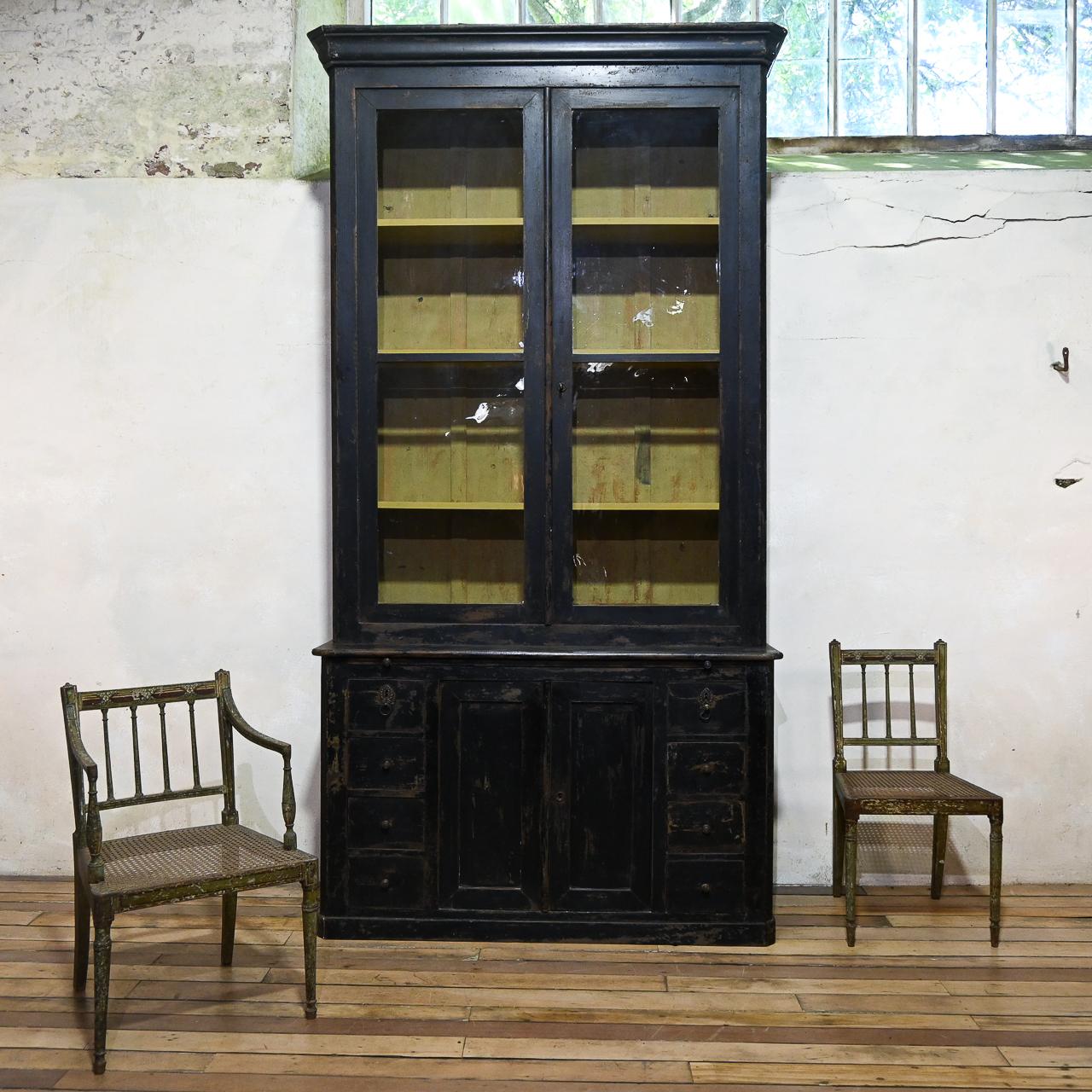 Tall 19th Century French Black Glazed Painted Bookcase - Cabinet  In Good Condition For Sale In Basingstoke, Hampshire