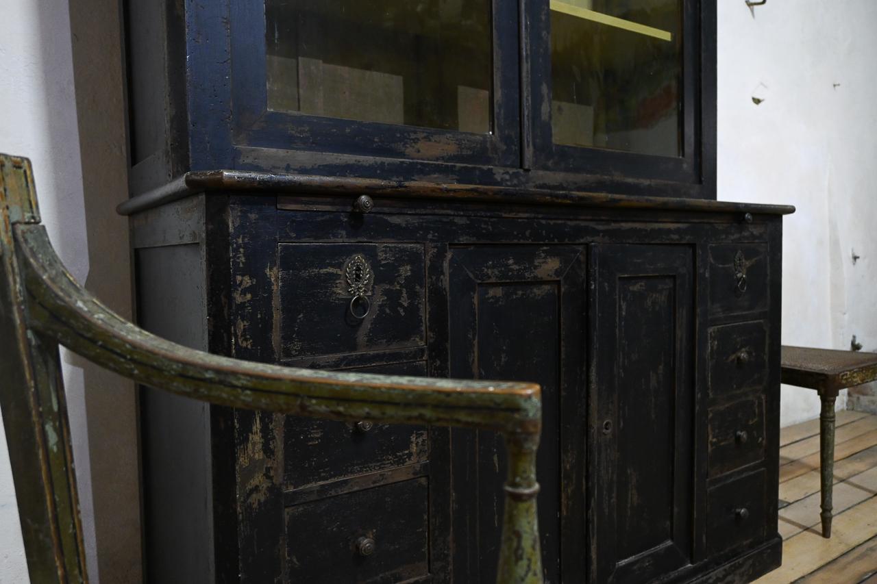 Walnut Tall 19th Century French Black Glazed Painted Bookcase - Cabinet  For Sale