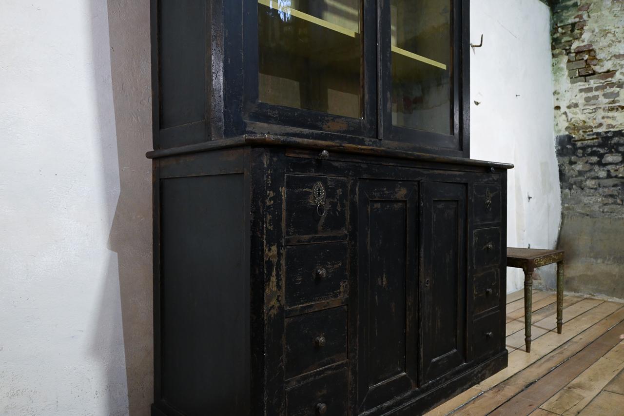 Tall 19th Century French Black Glazed Painted Bookcase - Cabinet  For Sale 1