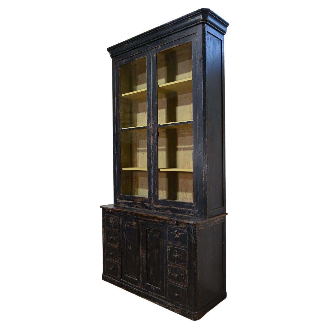 Tall 19th Century French Black Glazed Painted Bookcase - Cabinet  For Sale