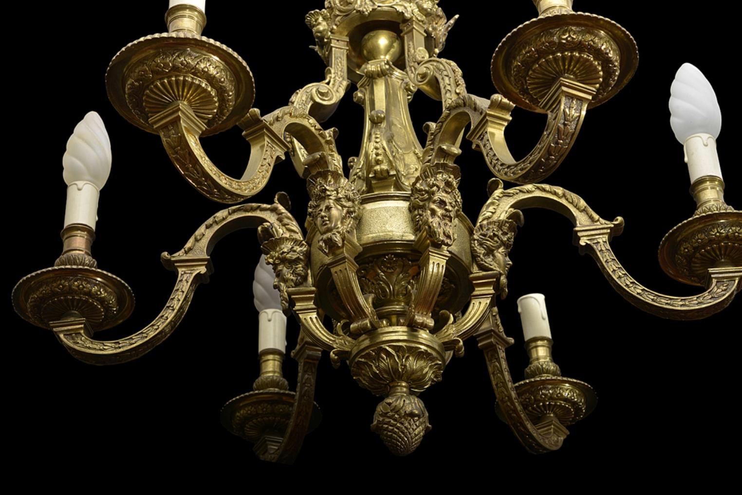 Louis XVI  Late 19th Century French Six Arm Brass Chandelier in the Louis XIV Style For Sale