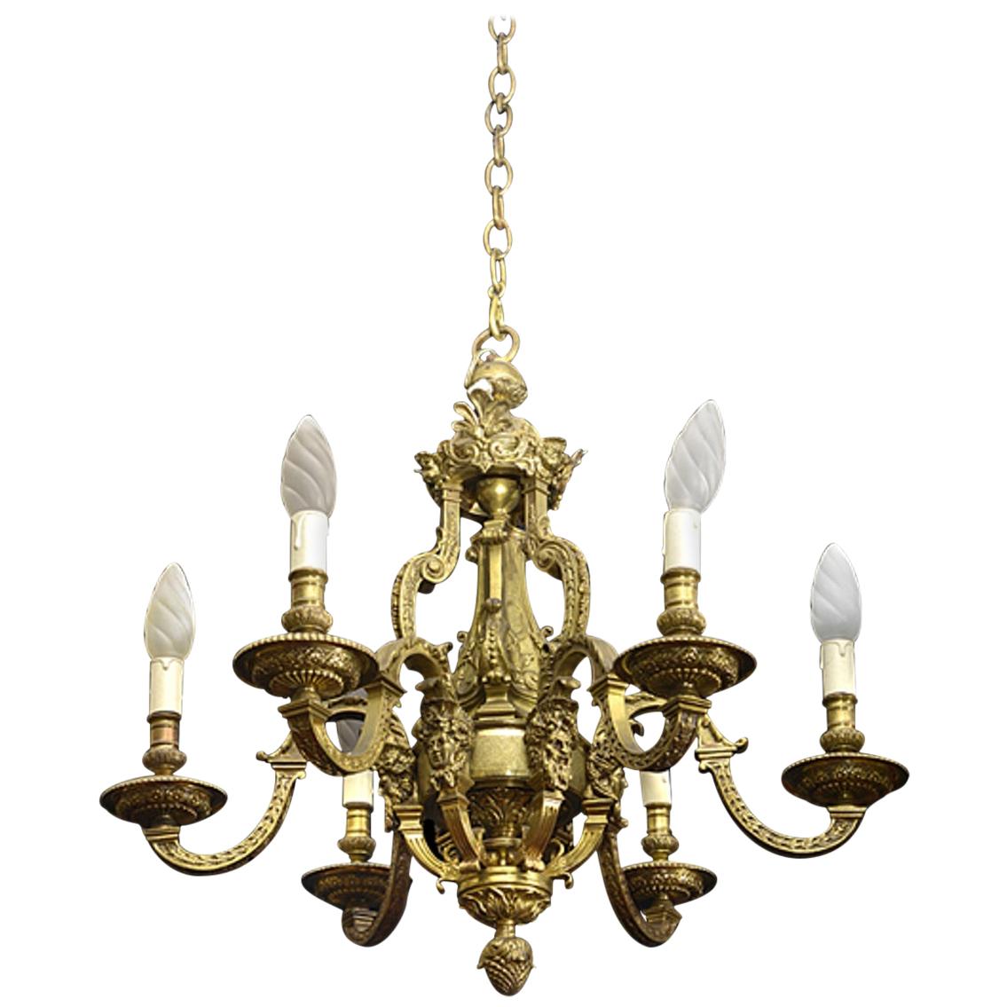  Late 19th Century French Six Arm Brass Chandelier in the Louis XIV Style For Sale
