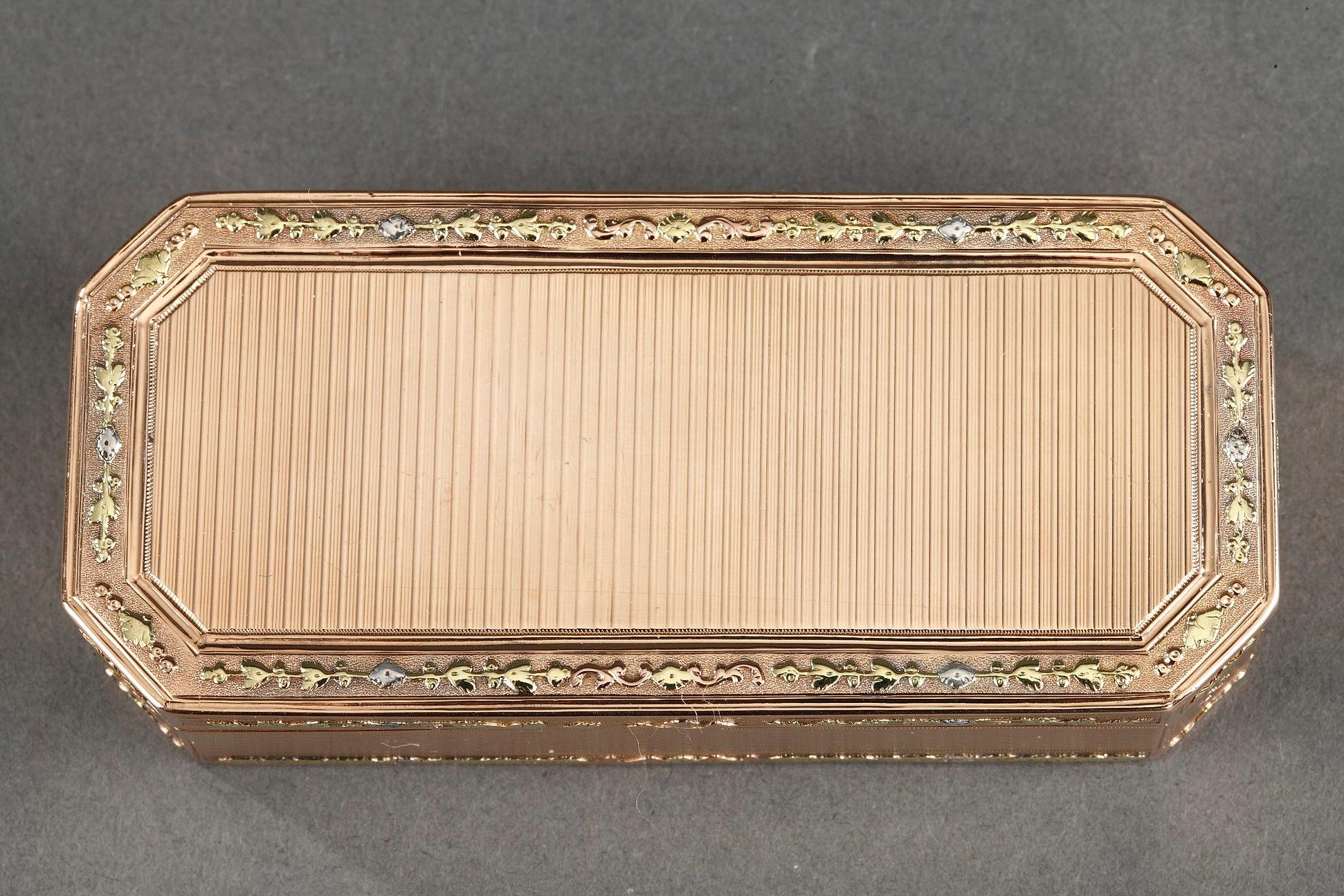 Rectangular snuffbox with angled corners in several colors of gold. The hinged cover, the sides and base are decorated with a guilloché of parallel strips. The composition is framed by floral friezes of three shades of gold set against an amati gold