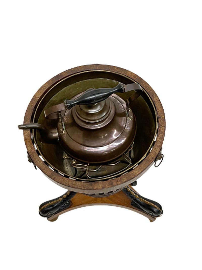 An early 19th century mahogany tea stove with 3 dolphins

An early 19th century Dutch mahogany tea stove with 3 dolphins on a triangle base with ball legs. A copper tray in the basket and a pull-out rack and a copper kettle. On the side handles of