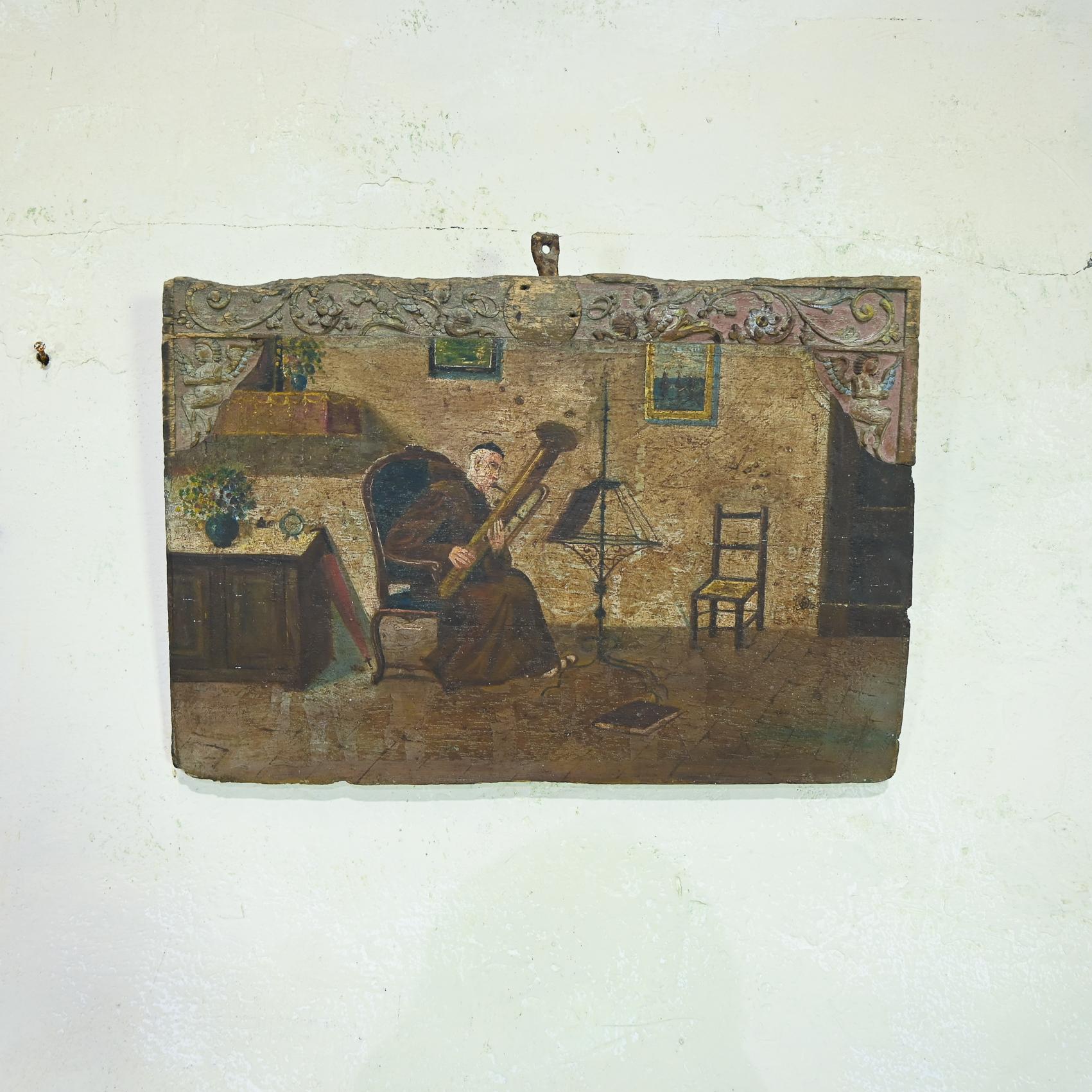 Ein kunstvolles Relikt aus dem frühen 19. Jahrhundert ist dieses italienische Ölgemälde auf Holz. Das rohe und schmucklose Innere des Gemäldes, das auf eine Nussbaumplatte gemalt wurde, vermittelt ein Gefühl der Authentizität und fängt die Essenz