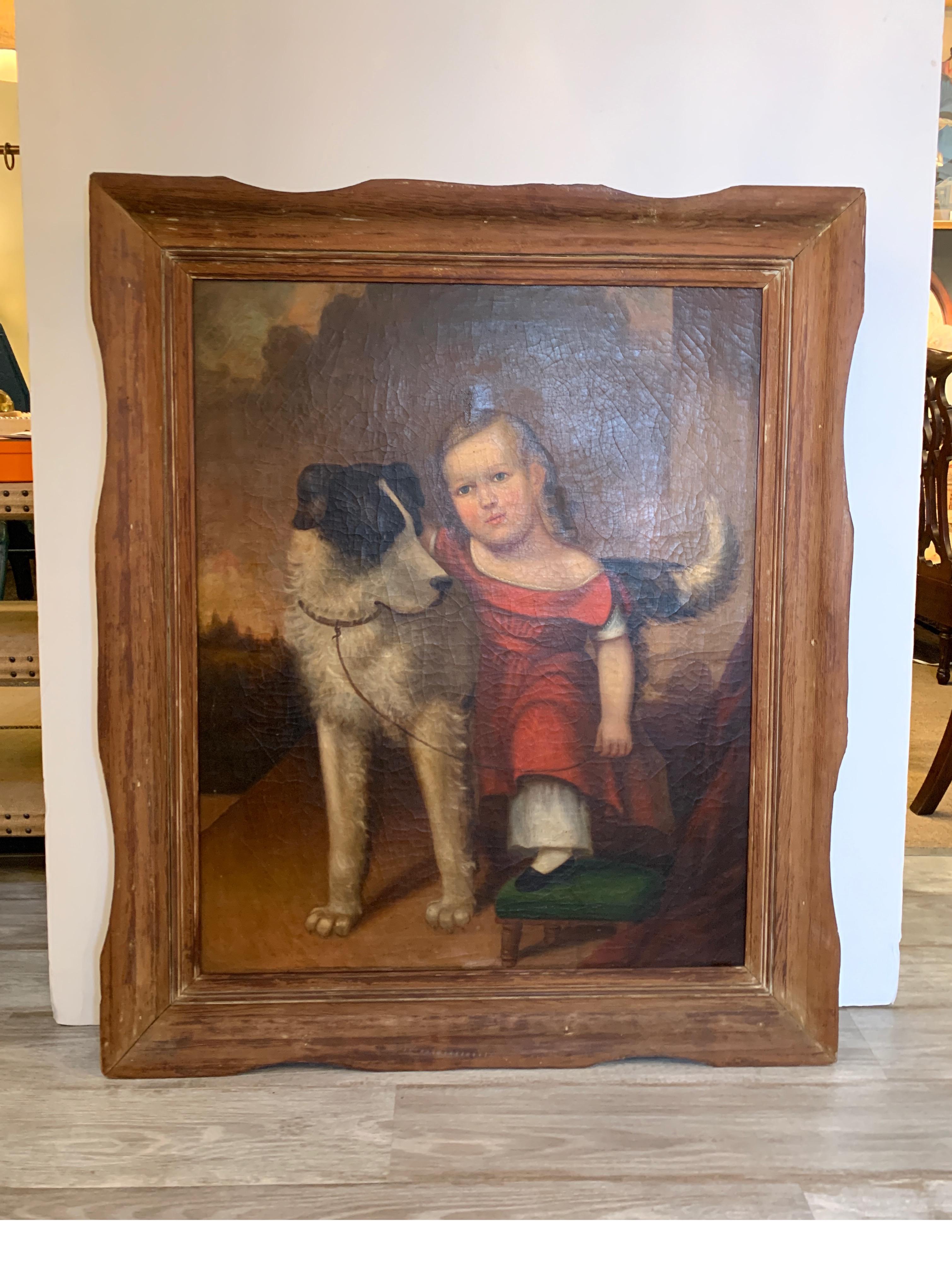 An early 19th century oil painting of a child with dog, possibly a collie. The child in red clothing with a small green stool with arm around beloved dog.
  