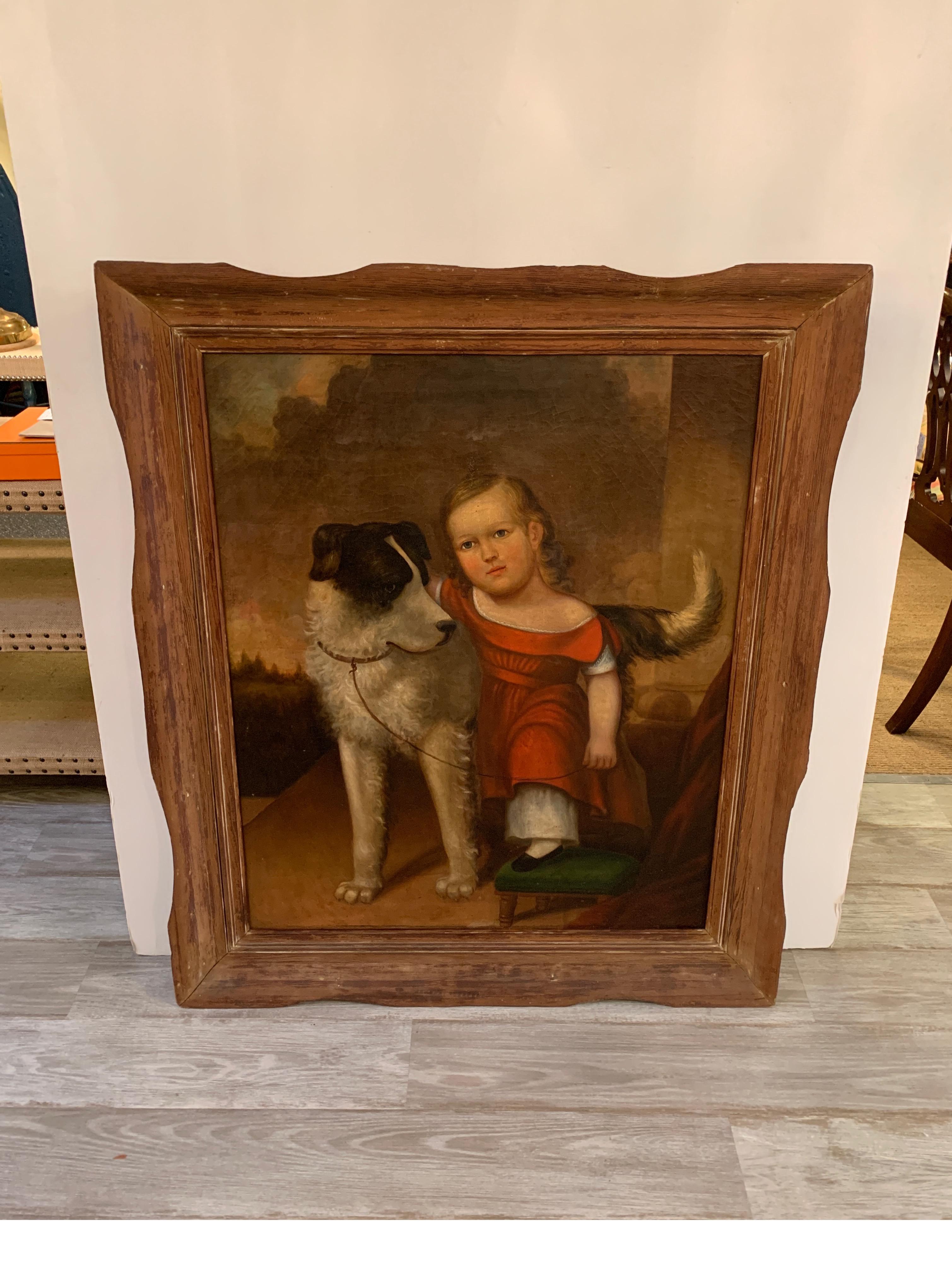 American Empire Early 19th Century Oil on Canvas of Child with Dog