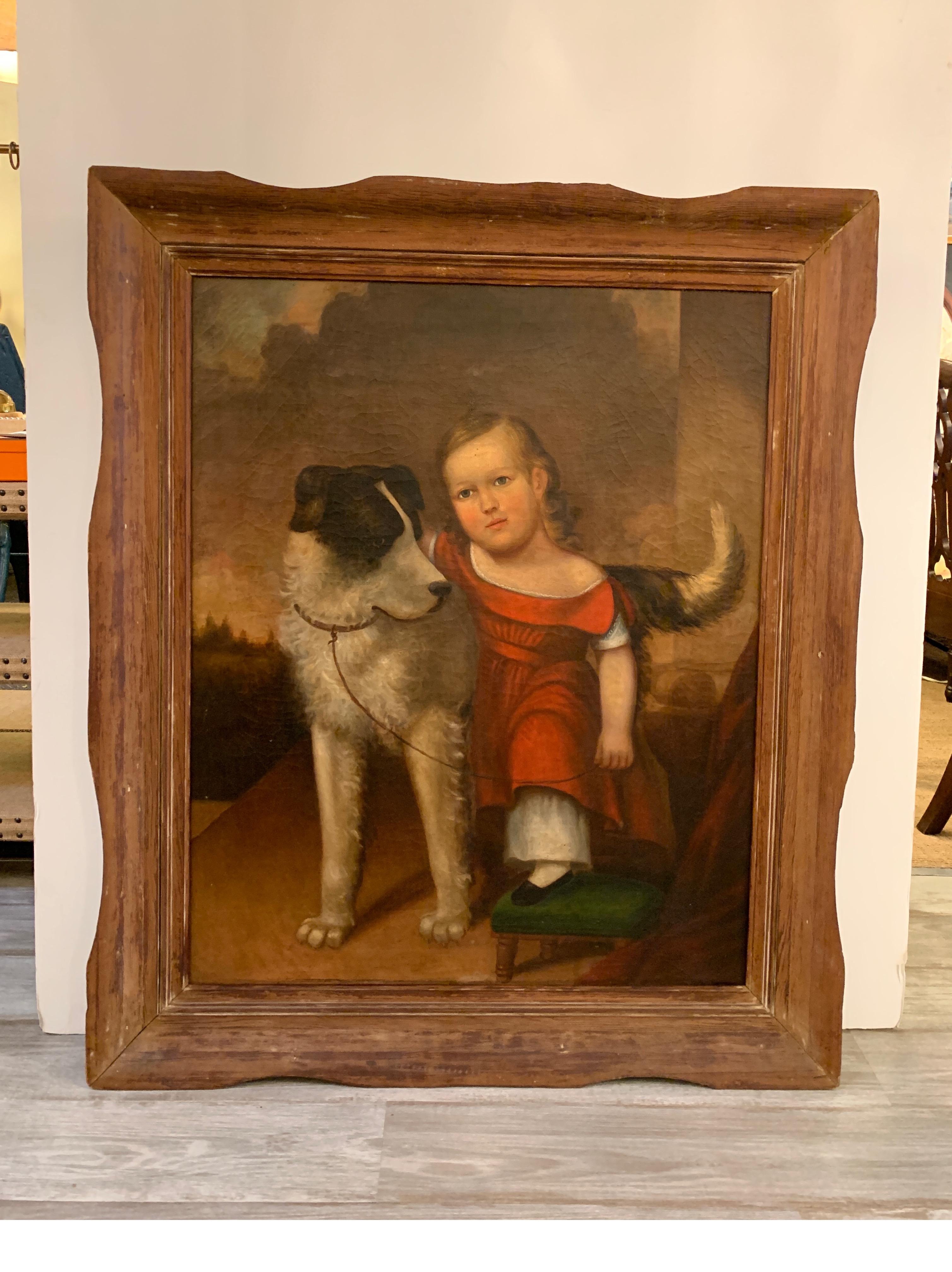 American Early 19th Century Oil on Canvas of Child with Dog