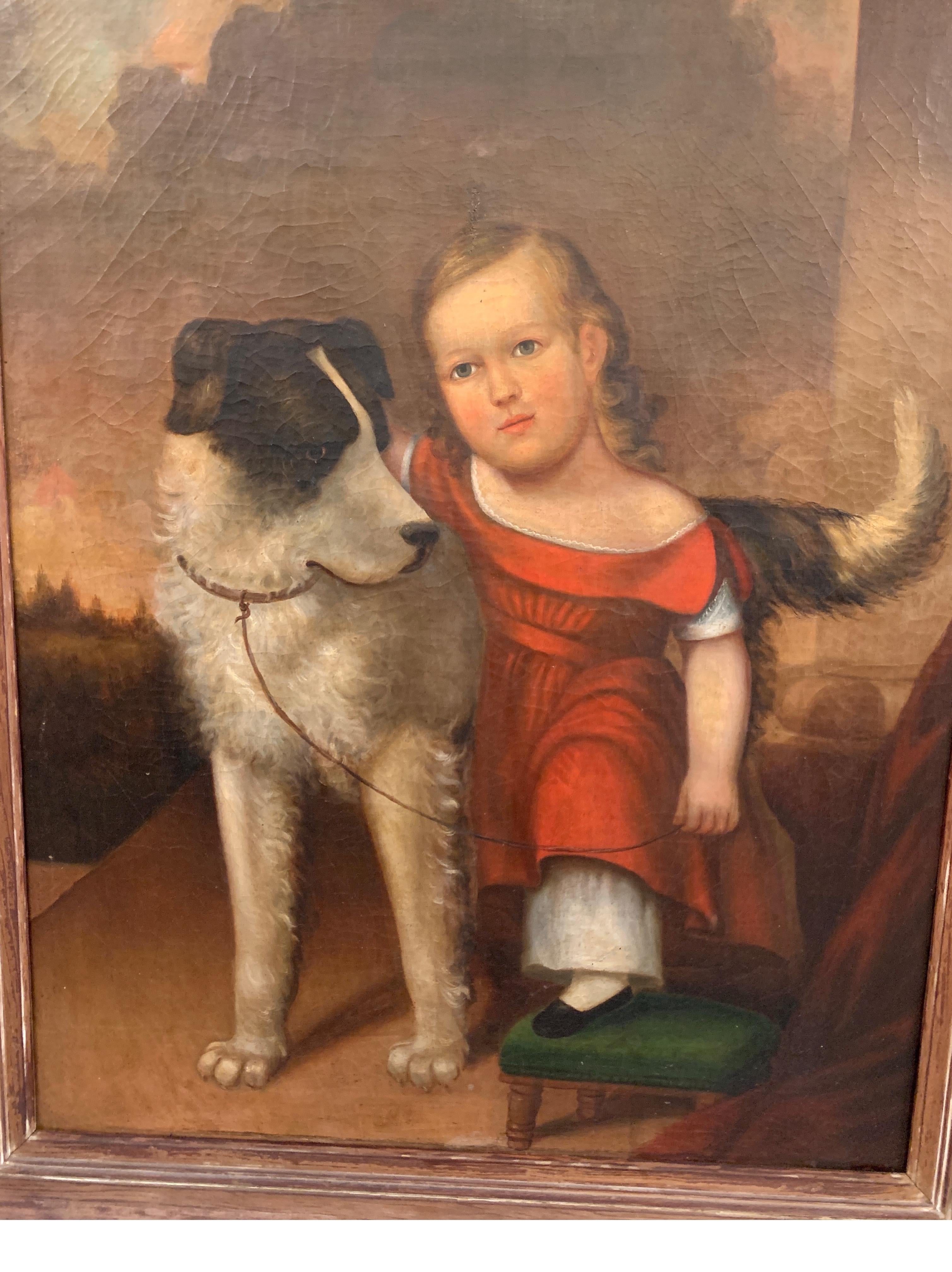 Painted Early 19th Century Oil on Canvas of Child with Dog