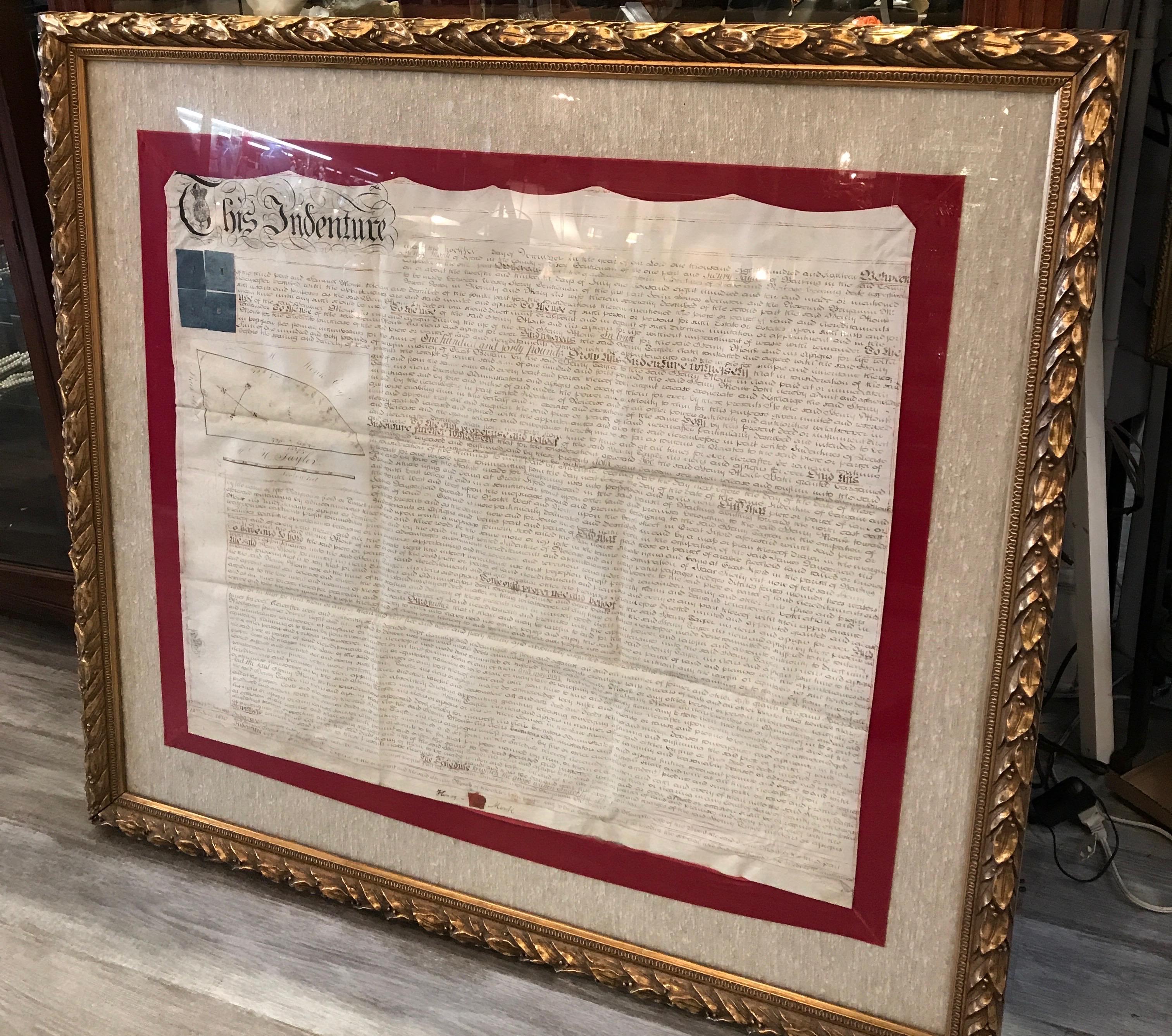 Giltwood Early 19th Century Original Framed Land Indenture, England, 1810 For Sale