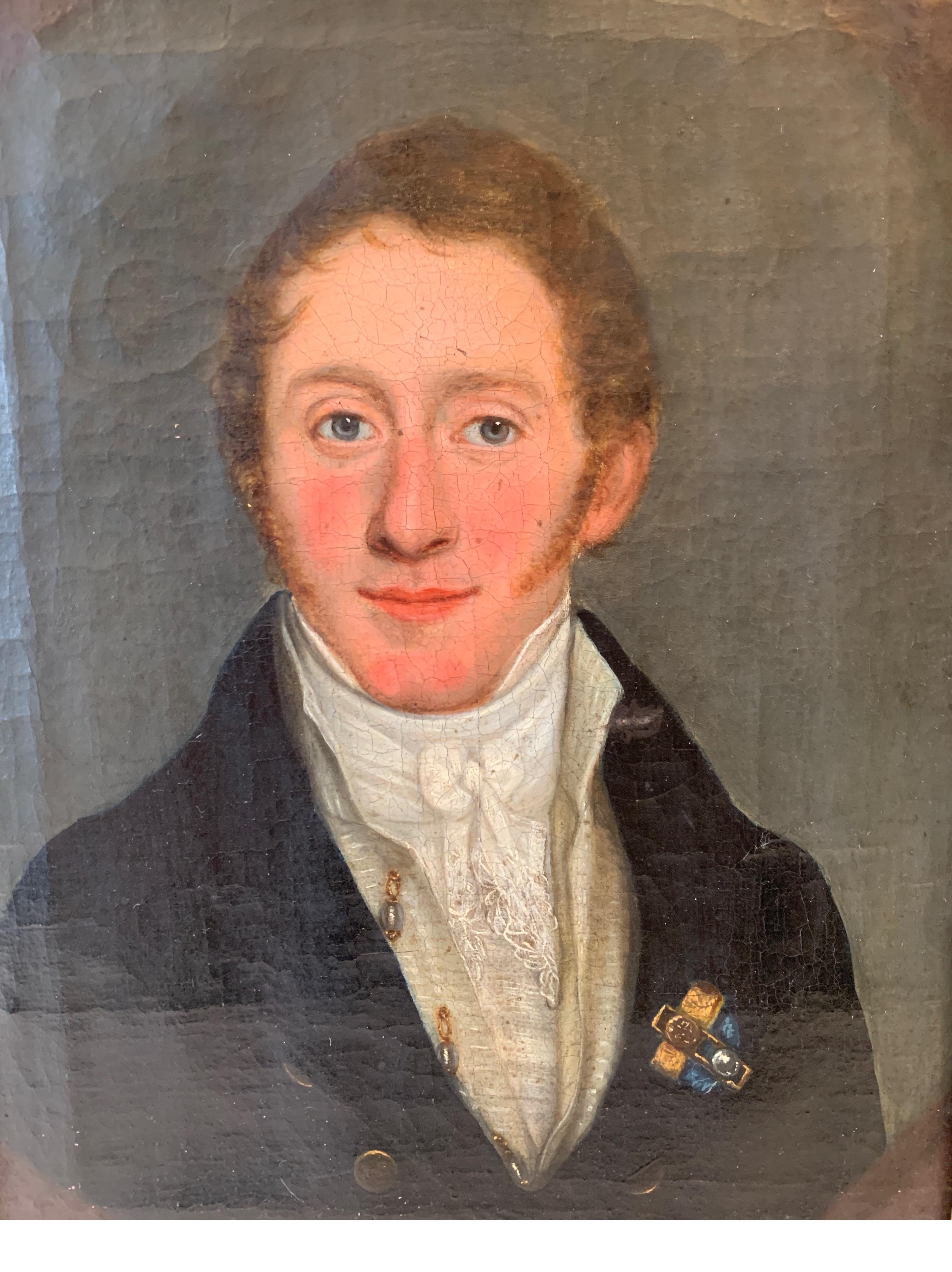 Elegant 19th century portrait of an aristocratic gentleman with early giltwood frame. Labeled on back and dated 1819. The original early giltwood frame with expected age to the real gilt surface. This portrait is a smaller size at 18