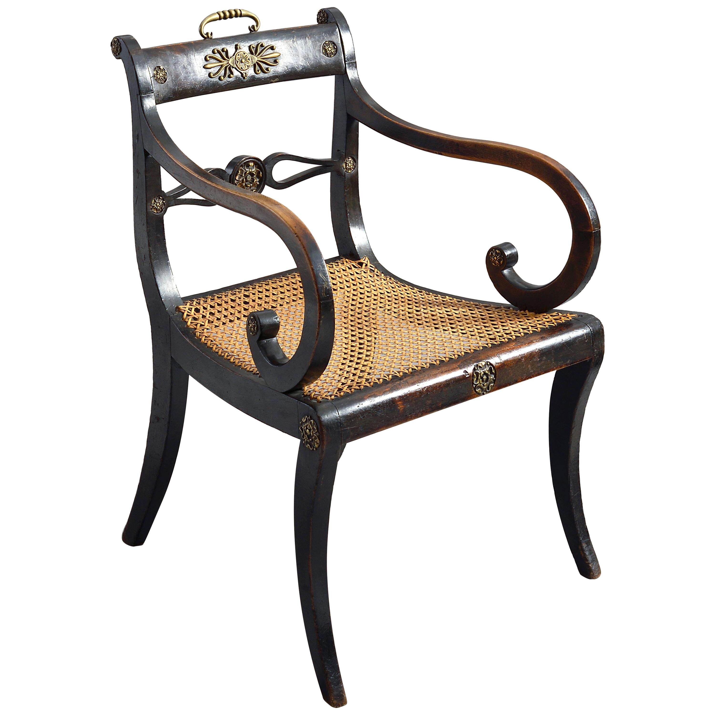 Early 19th Century Regency Period Ebonized Black Armchair