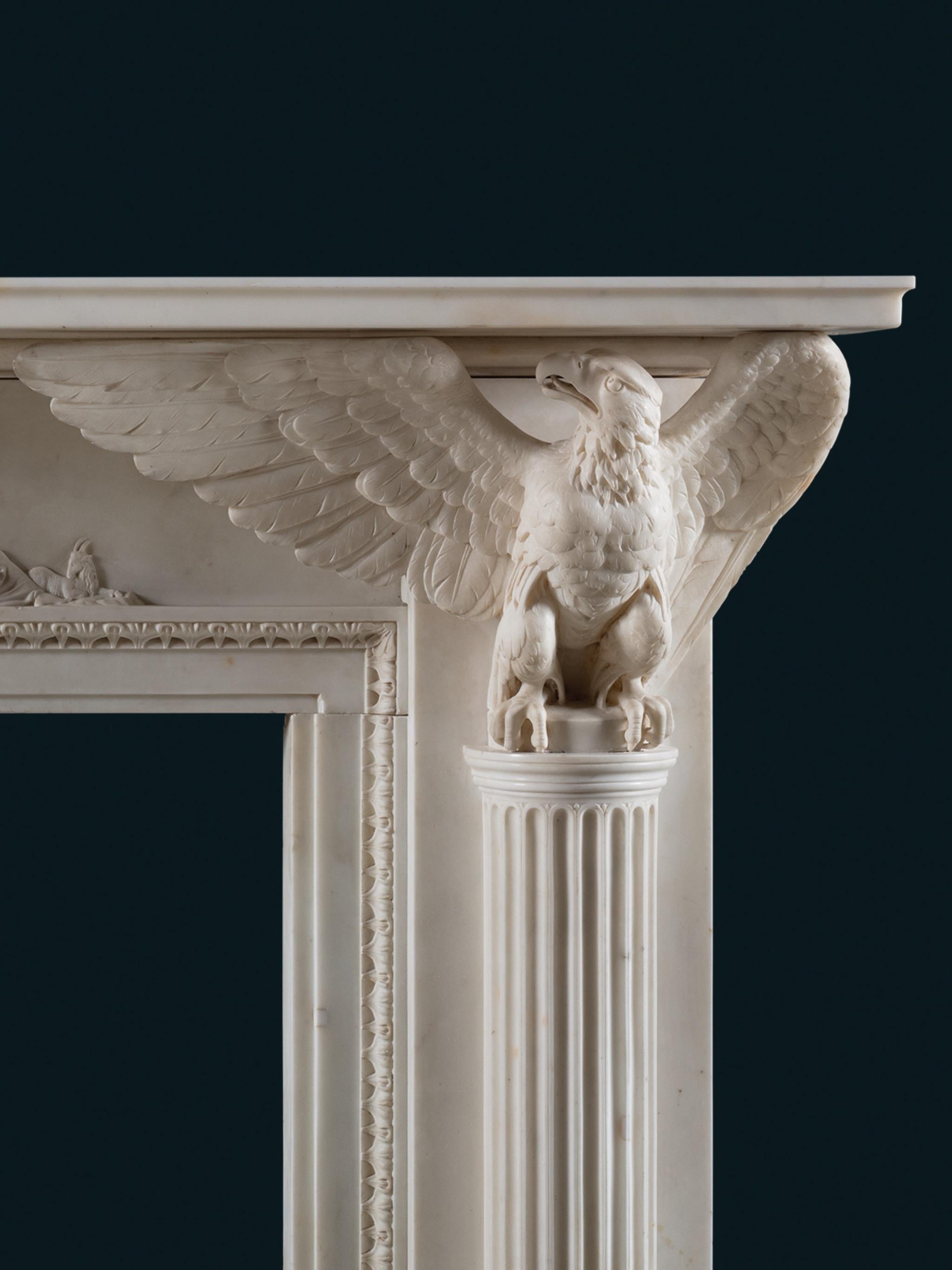 A magnificent early 19th Century statuary marble Irish chimneypiece carved by the Darley Brothers.

The subject of this piece celebrates Zeus, King of Olympus and the Greco-Roman Gods. The shelf upheld by magnificent Imperial eagles, which gesture