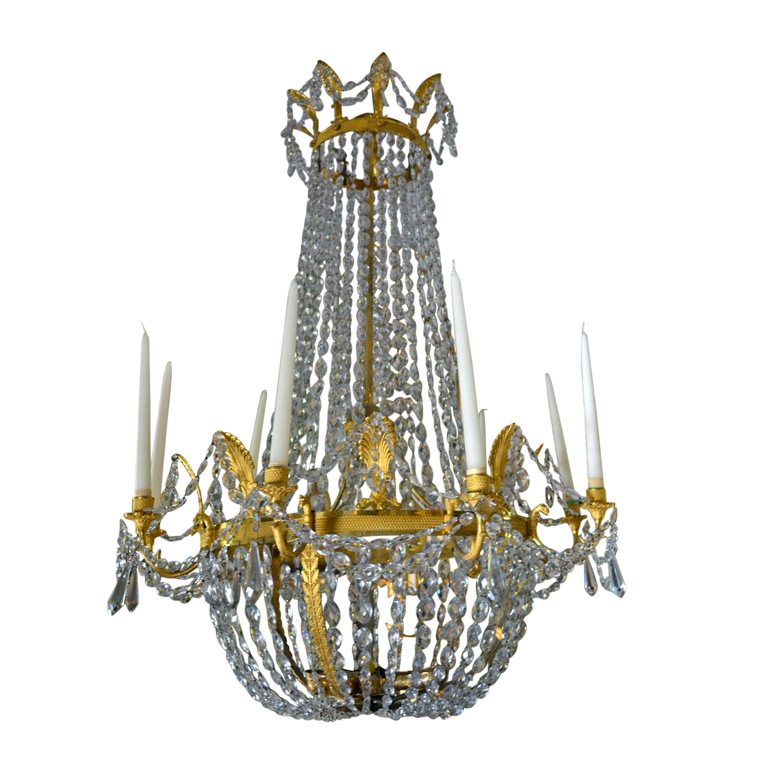 Faceted Early 19th Century, French Empire Gilded Bronze and Crystal Chandelier For Sale