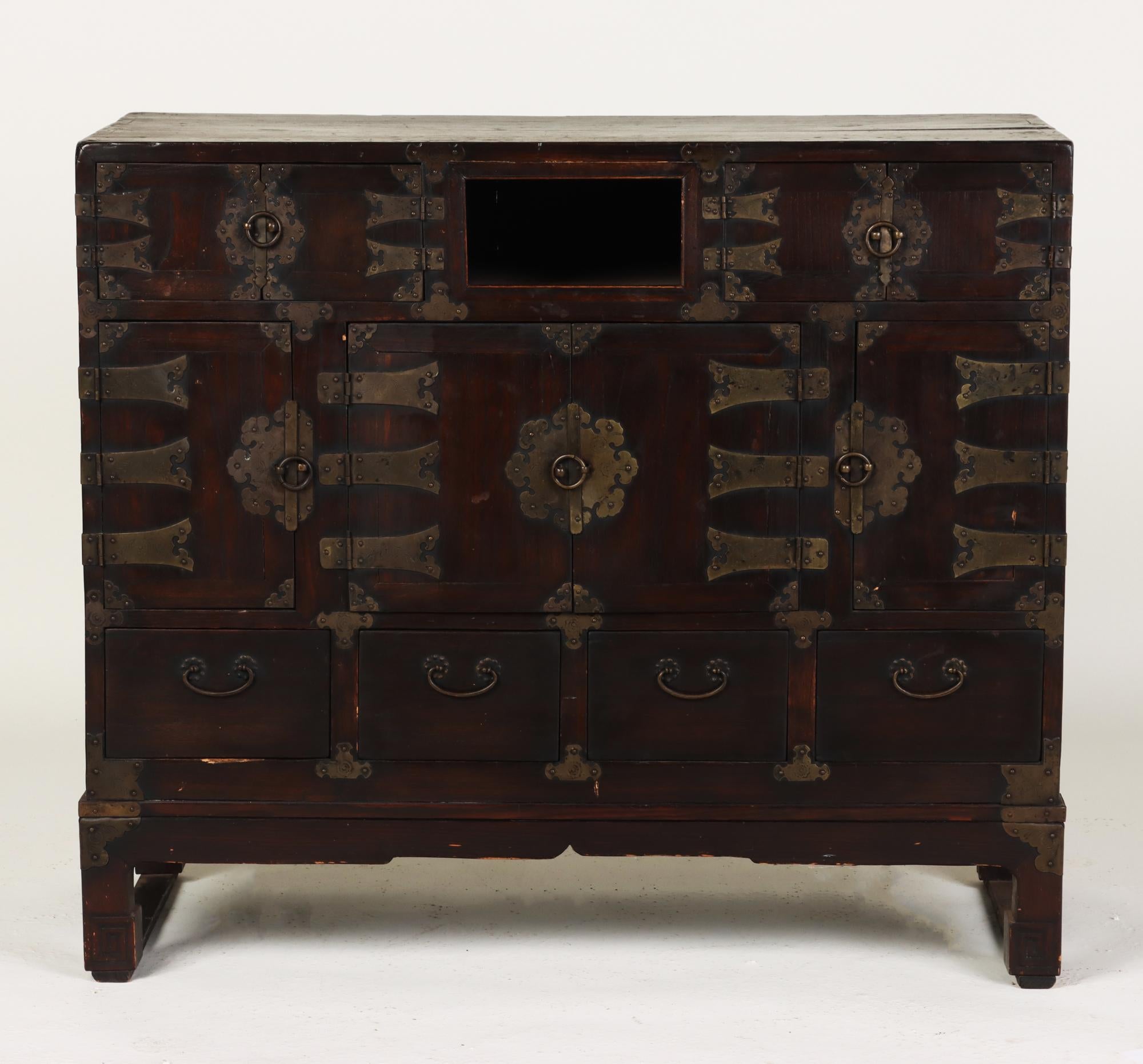 Asian Early 19thcentury Korean Chest Withornate Brushed Brass Details and Hinges