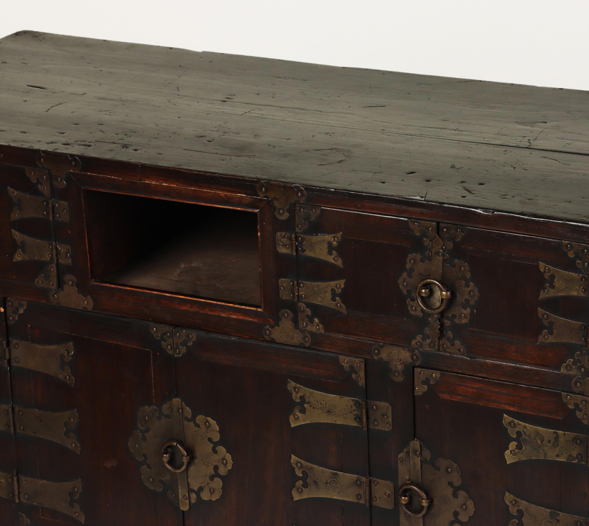 Early 19thcentury Korean Chest Withornate Brushed Brass Details and Hinges 1