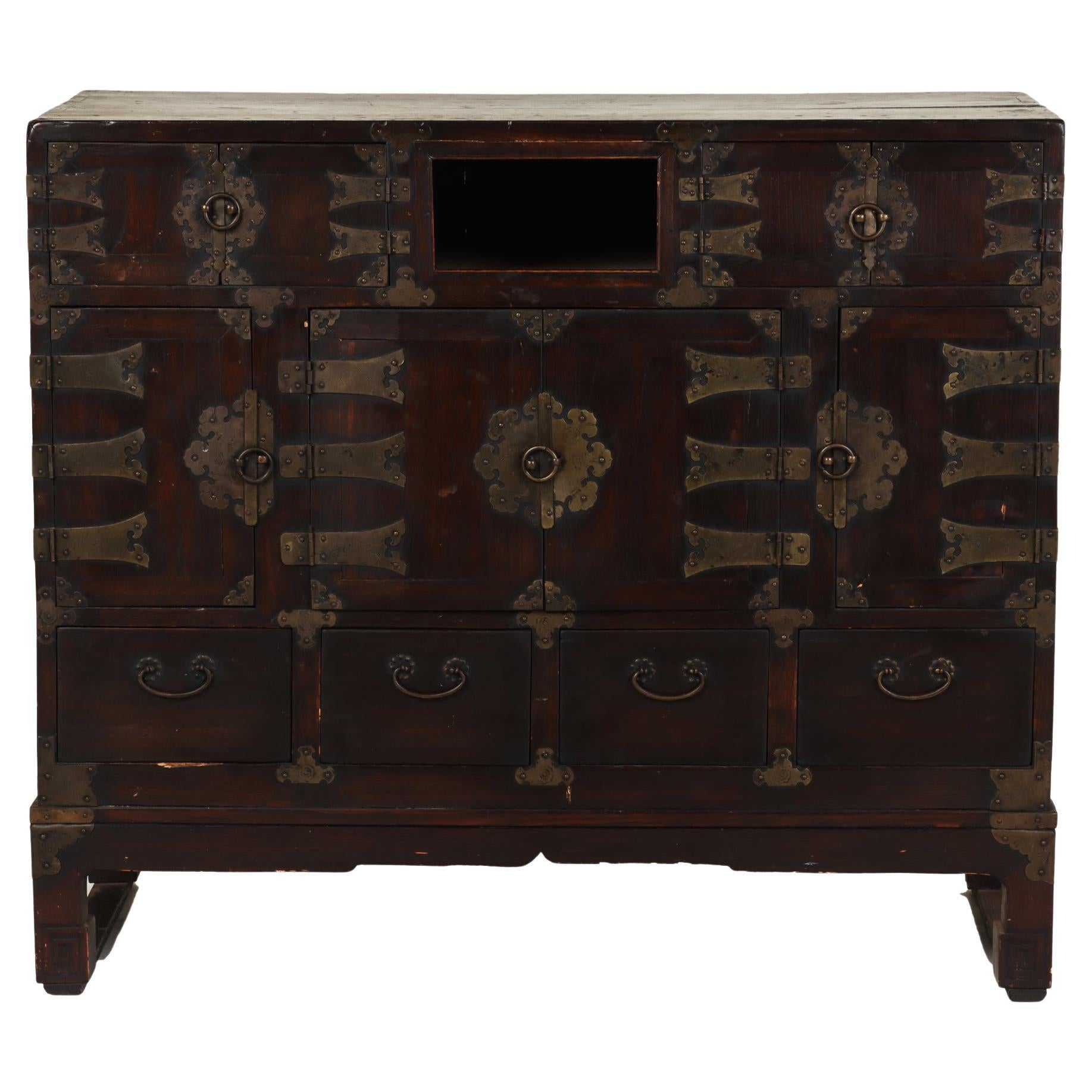 Early 19thcentury Korean Chest Withornate Brushed Brass Details and Hinges