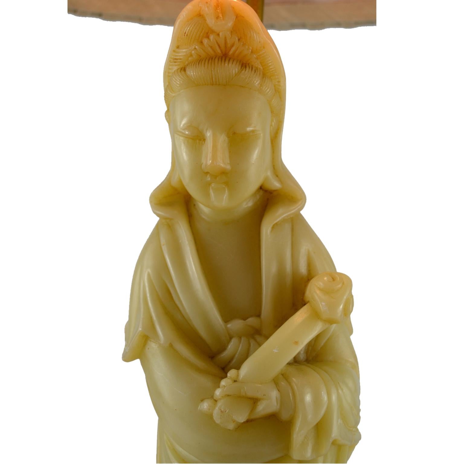 Hand-Carved Early 20 Century Chinese Soapstone Figurative Lamp of Guanyin