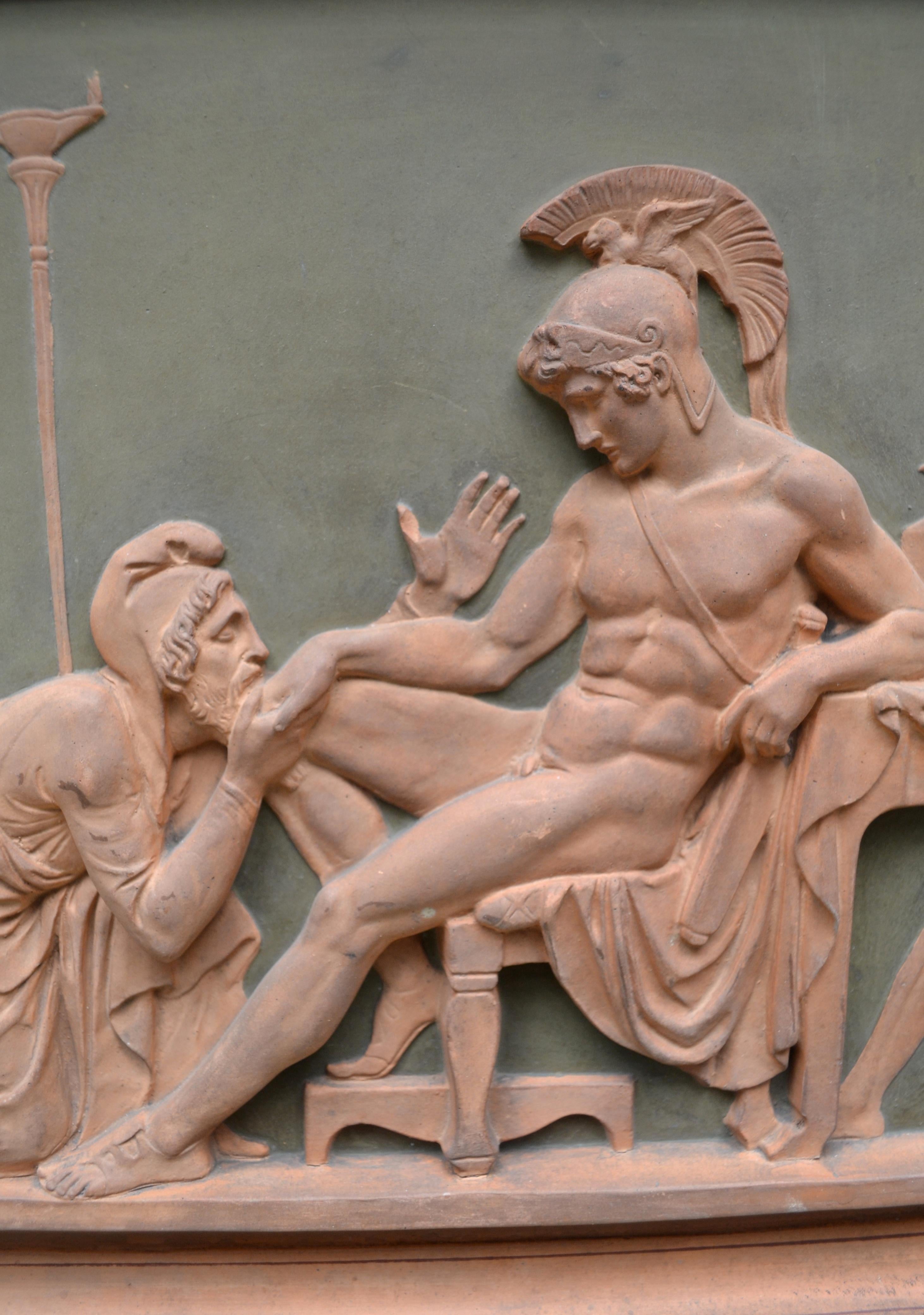 A finely modeled terracotta neoclassical wall relief depicting a work by Bertel Thorvaldsen called ‘Priam Pleads with Achilles for Hector’s Body’, after Thorvaldsen’s original plaster model of 1815.

The terracotta plaque is stamped on the back