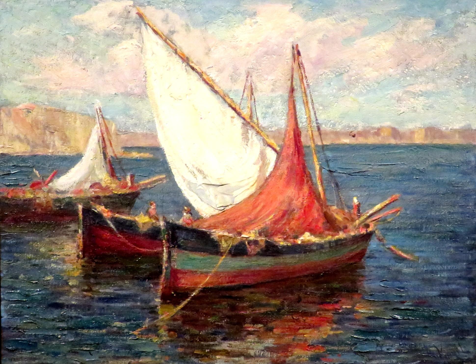 Eine Küstensszene des frühen 20. Jahrhunderts mit Fischerbooten vor der Mittelmeerküste (Sonstiges) im Angebot