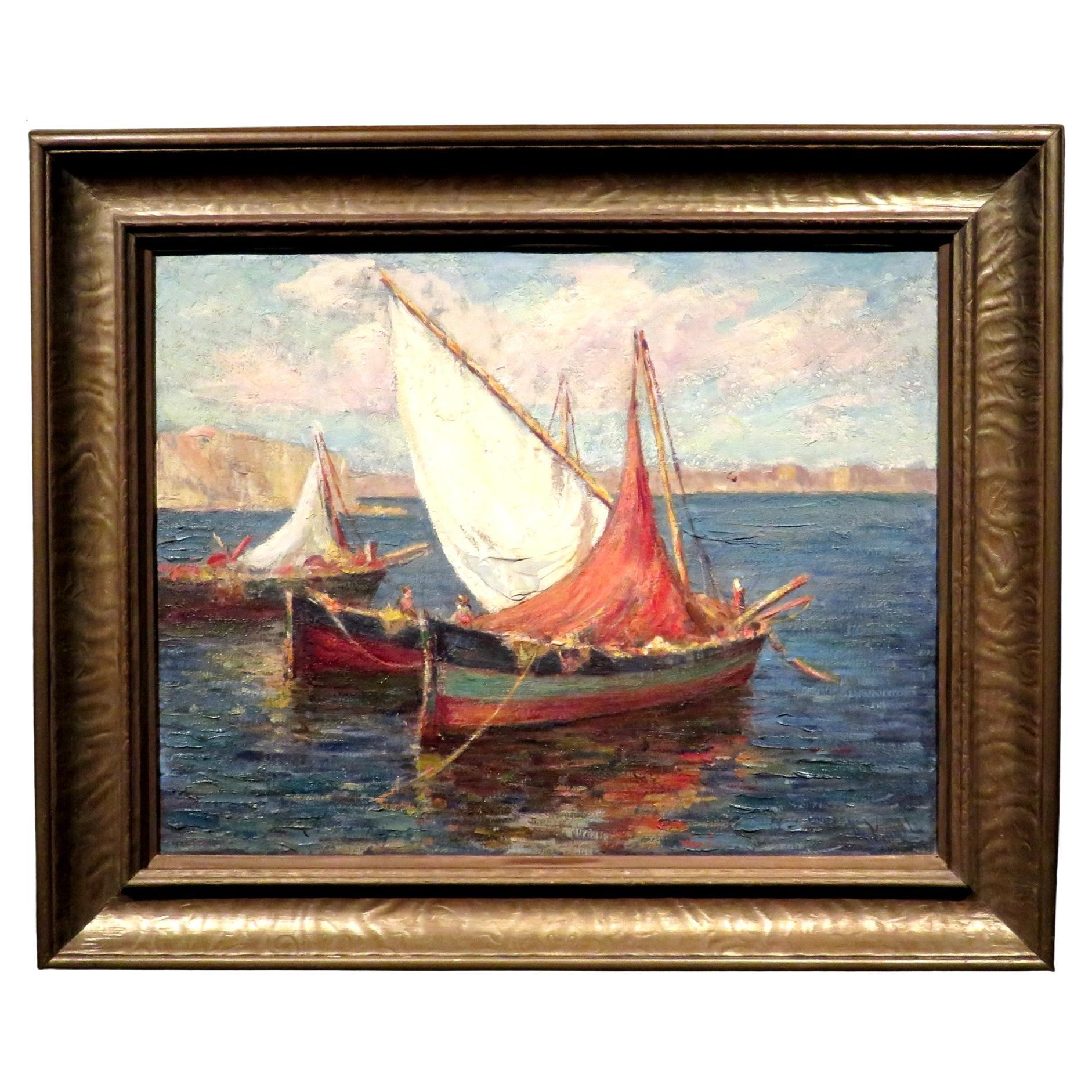 An Early 20th C. Coastal Scene of Fishing Boats off the Mediterranean Coast For Sale