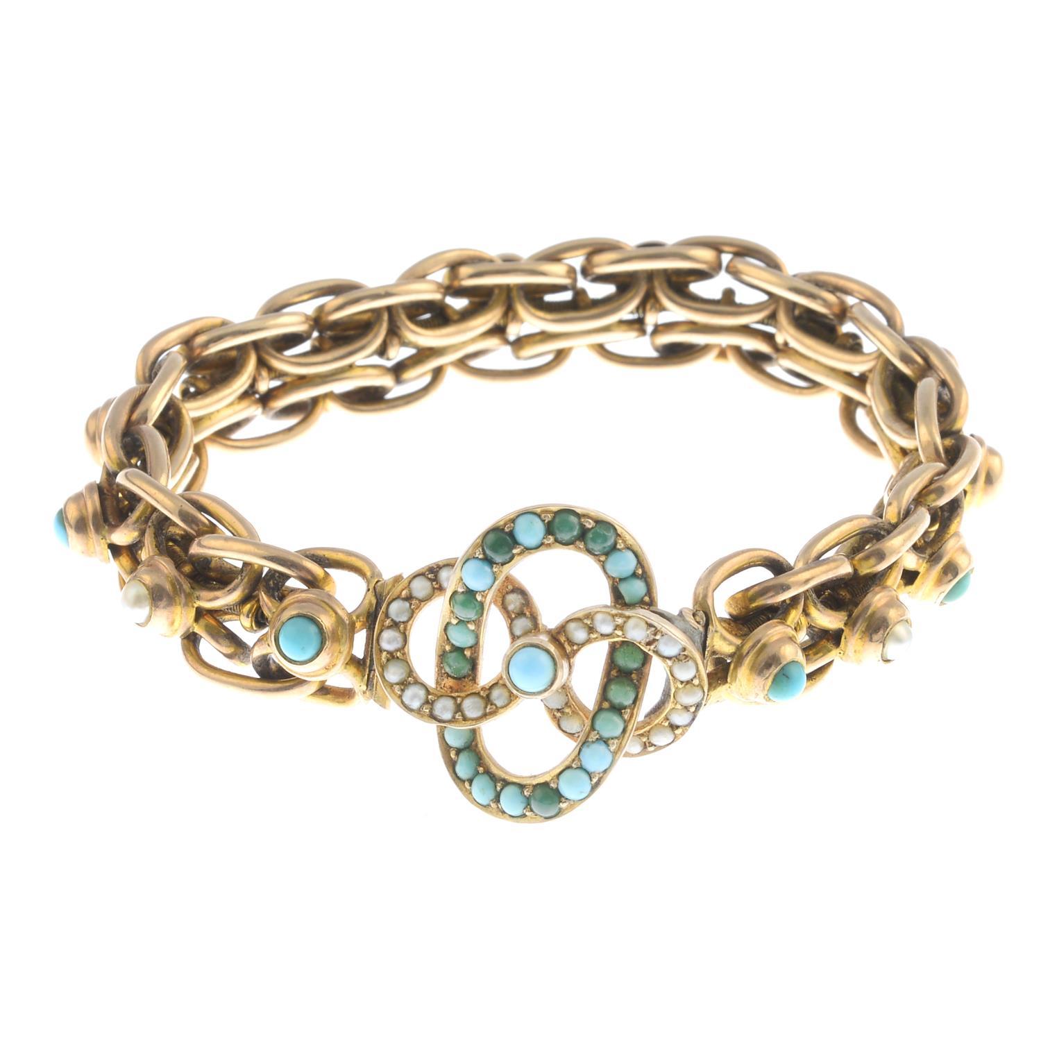 Early 20th Century 9 Carat Gold Turquoise and Split Pearl Bracelet