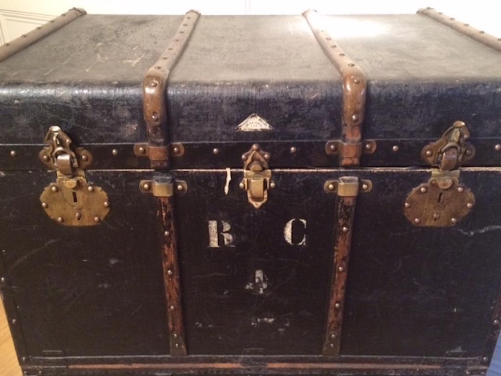 French Early 20th Century Black Leather Steamer Trunk by Malard in Paris