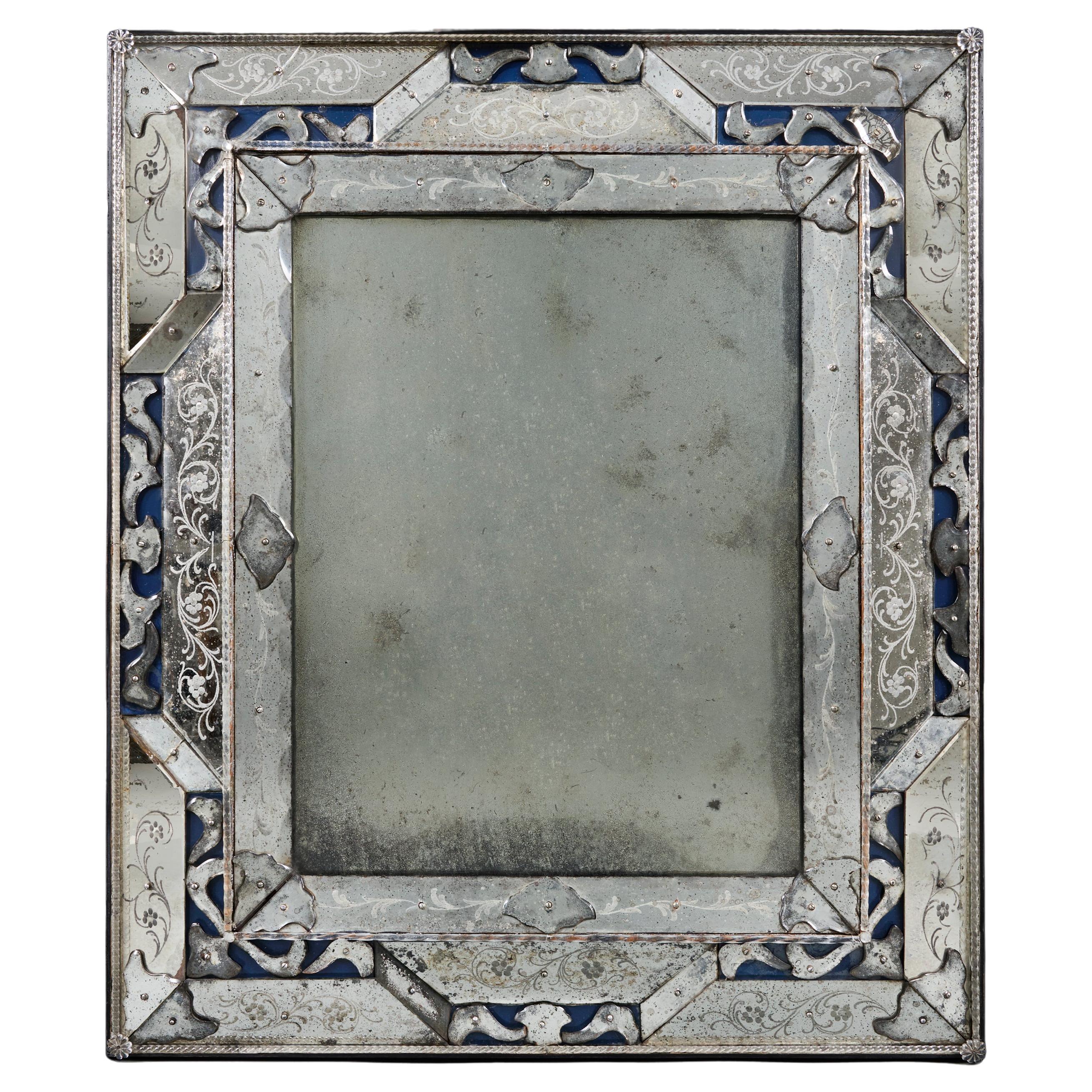 An Early 20th Century Blue Murano Glass Mirror For Sale