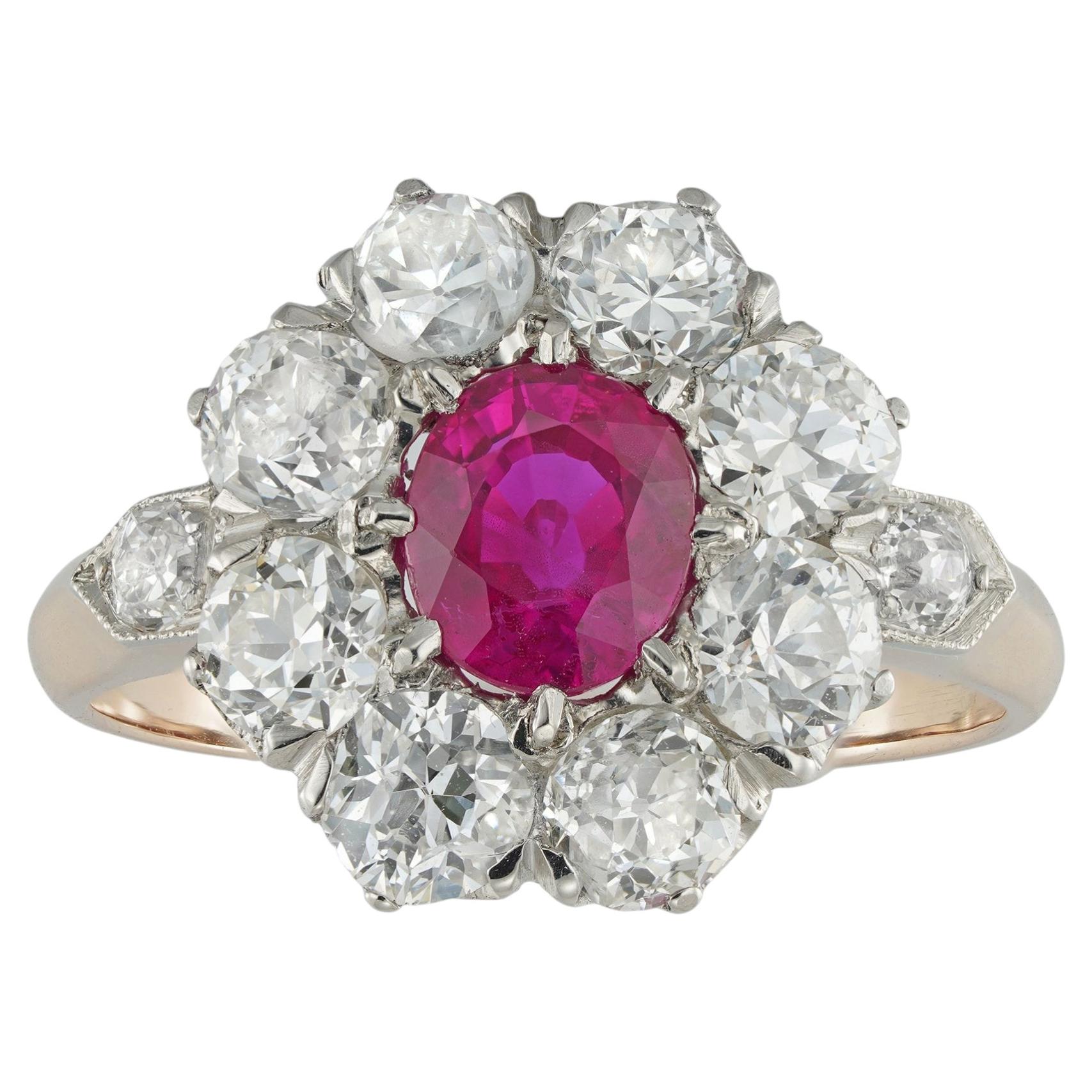 An early 20th century Burmese ruby and diamond cluster ring