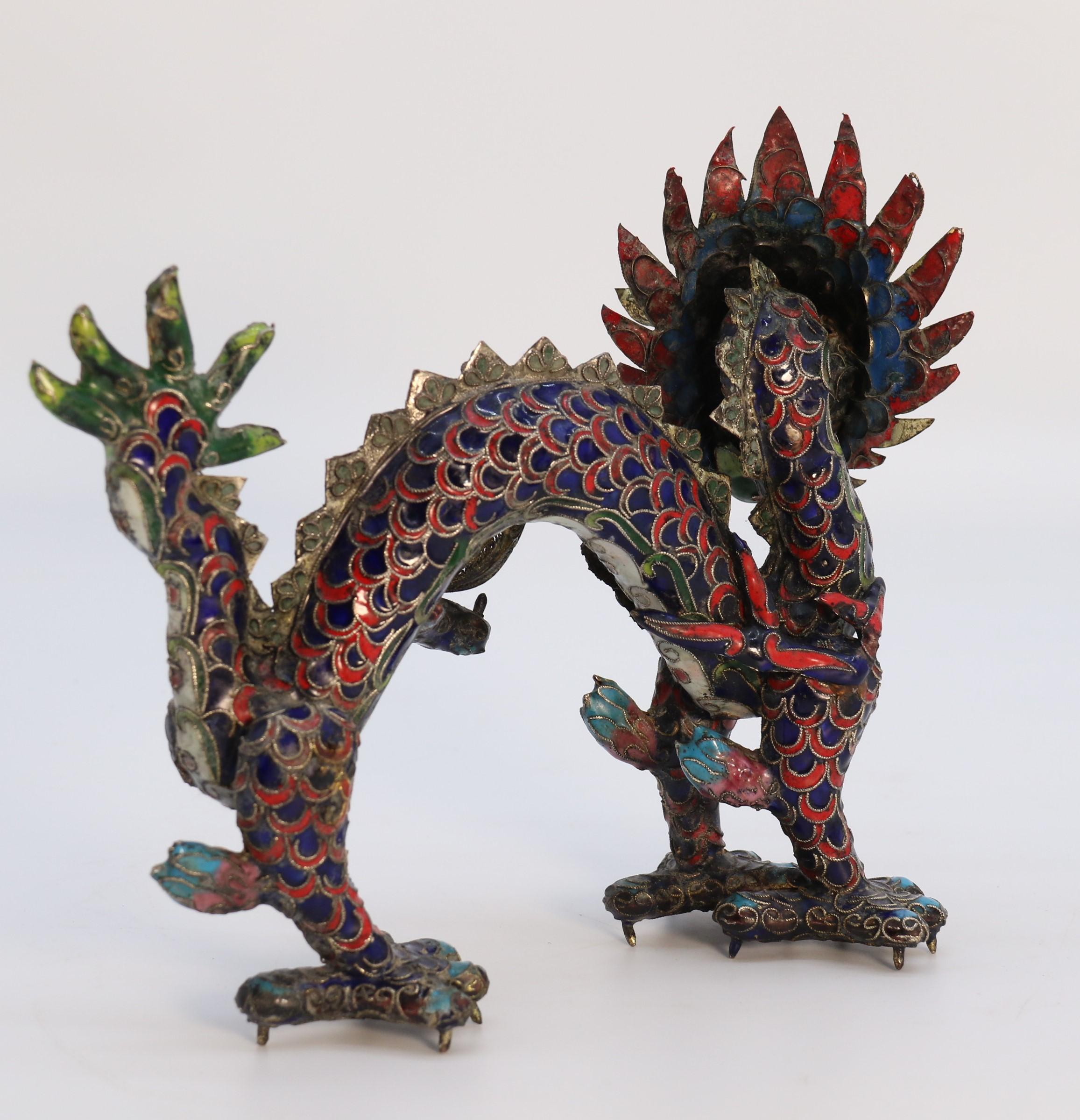 Copper An early 20th century Chinese cloisonne sculpture of a five clawed dragon c 1930 For Sale
