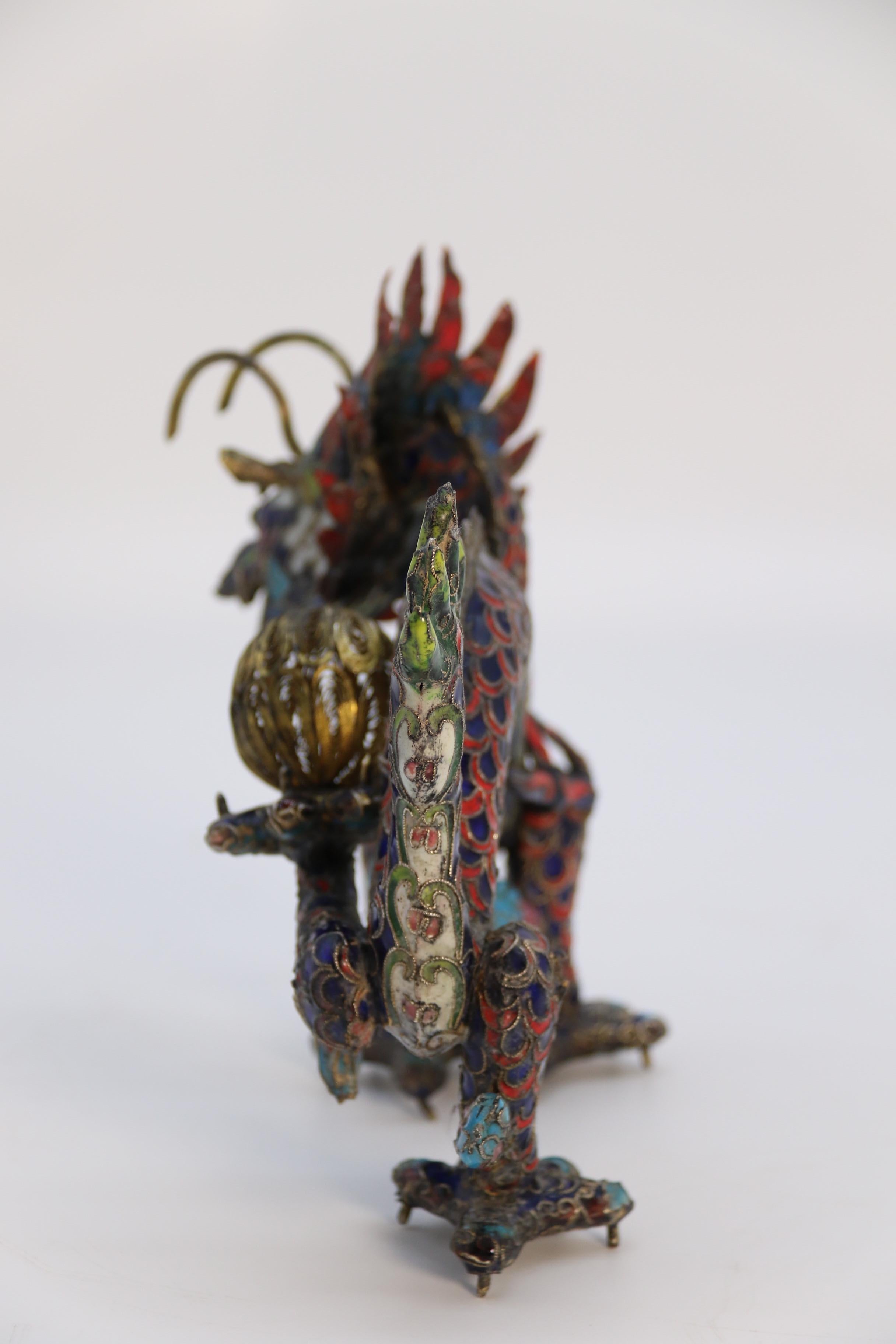An early 20th century Chinese cloisonne sculpture of a five clawed dragon c 1930 For Sale 1
