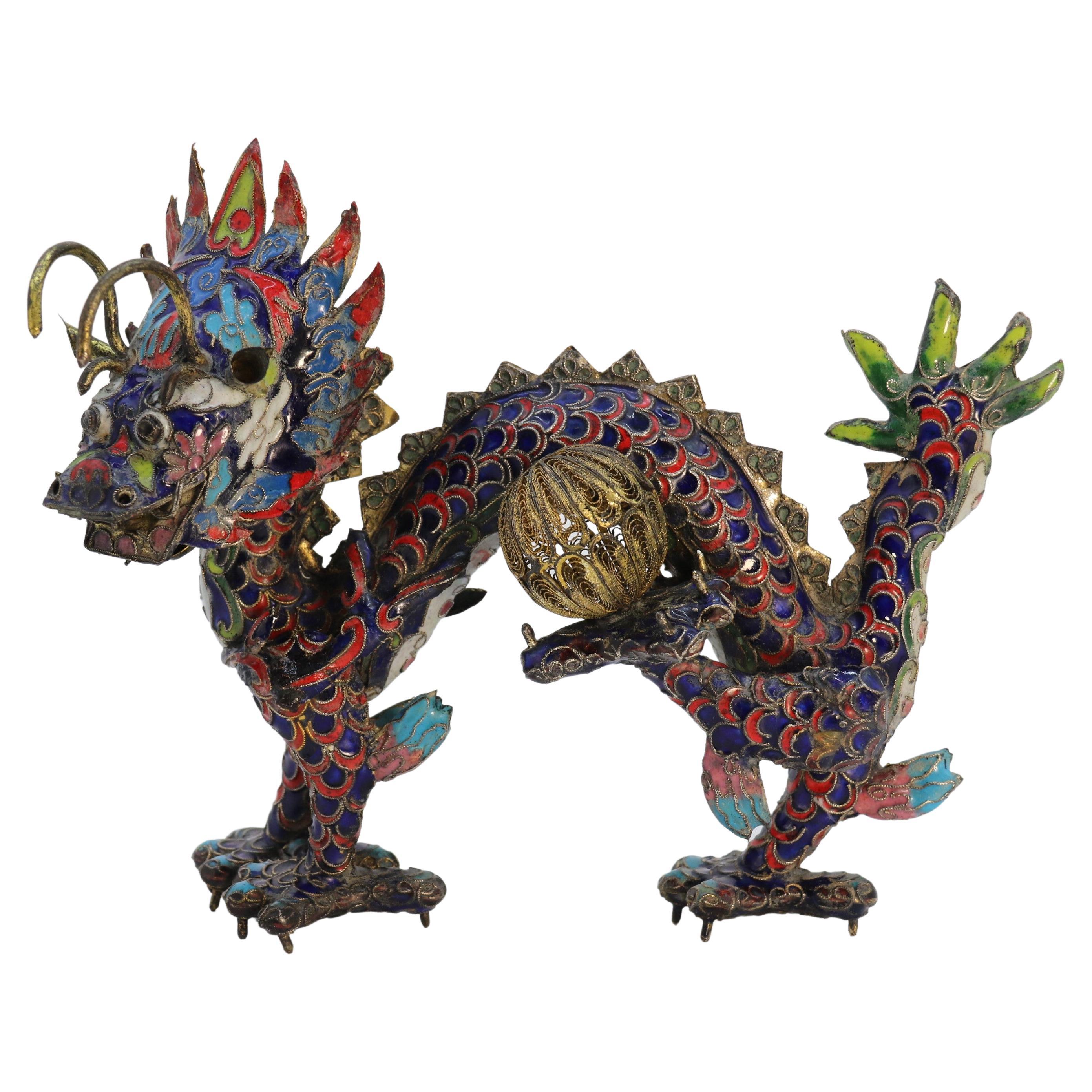 An early 20th century Chinese cloisonne sculpture of a five clawed dragon c 1930 For Sale
