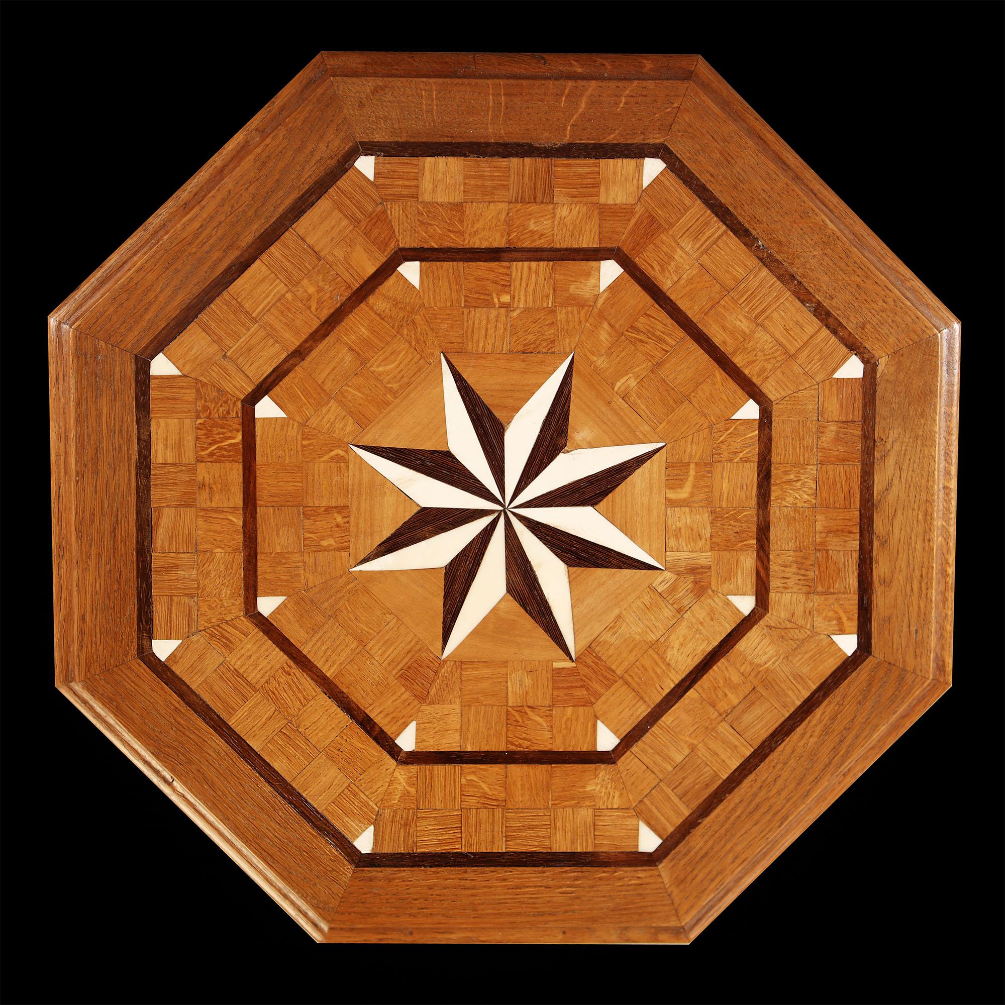 Inlay Early 20th Century English Hexagonal Oak Wood Inlaid Occasional Table