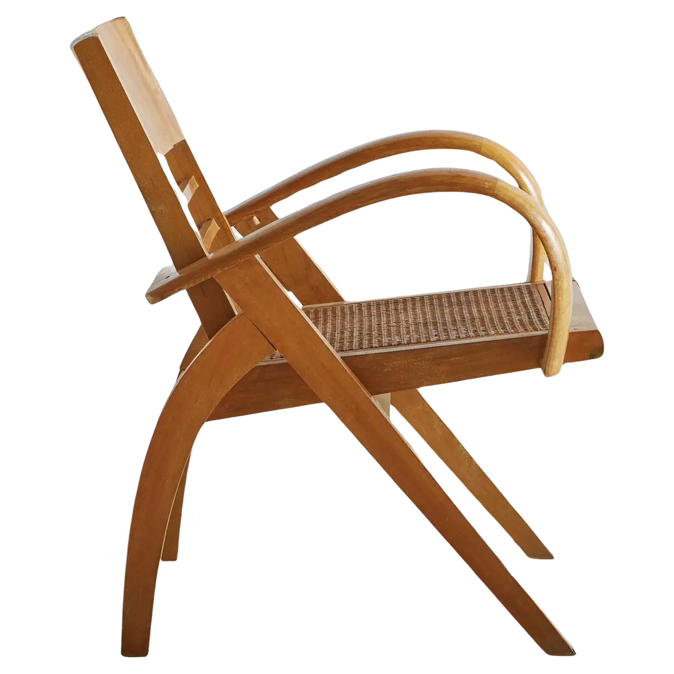 Französischer klappbarer Art-déco-Sessel aus Seidenholz und Schilfrohr aus dem frühen 20. Jahrhundert 1920er Jahre 