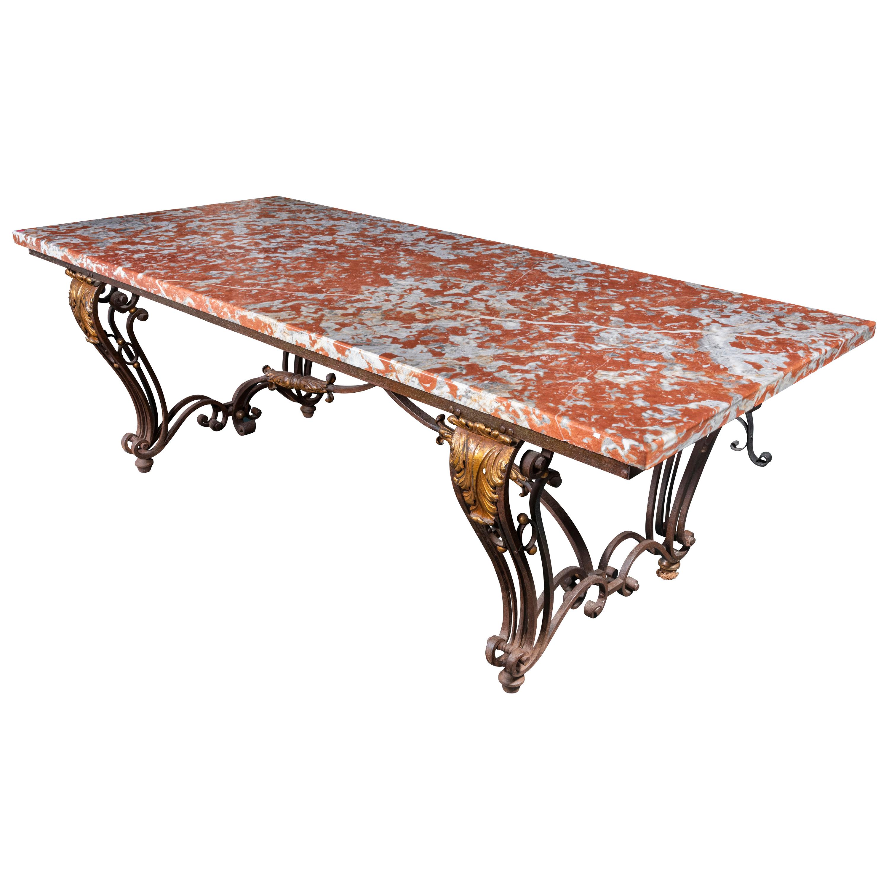 An Early 20th Century French Orange Marble-Top Table on Wrought Iron Base For Sale