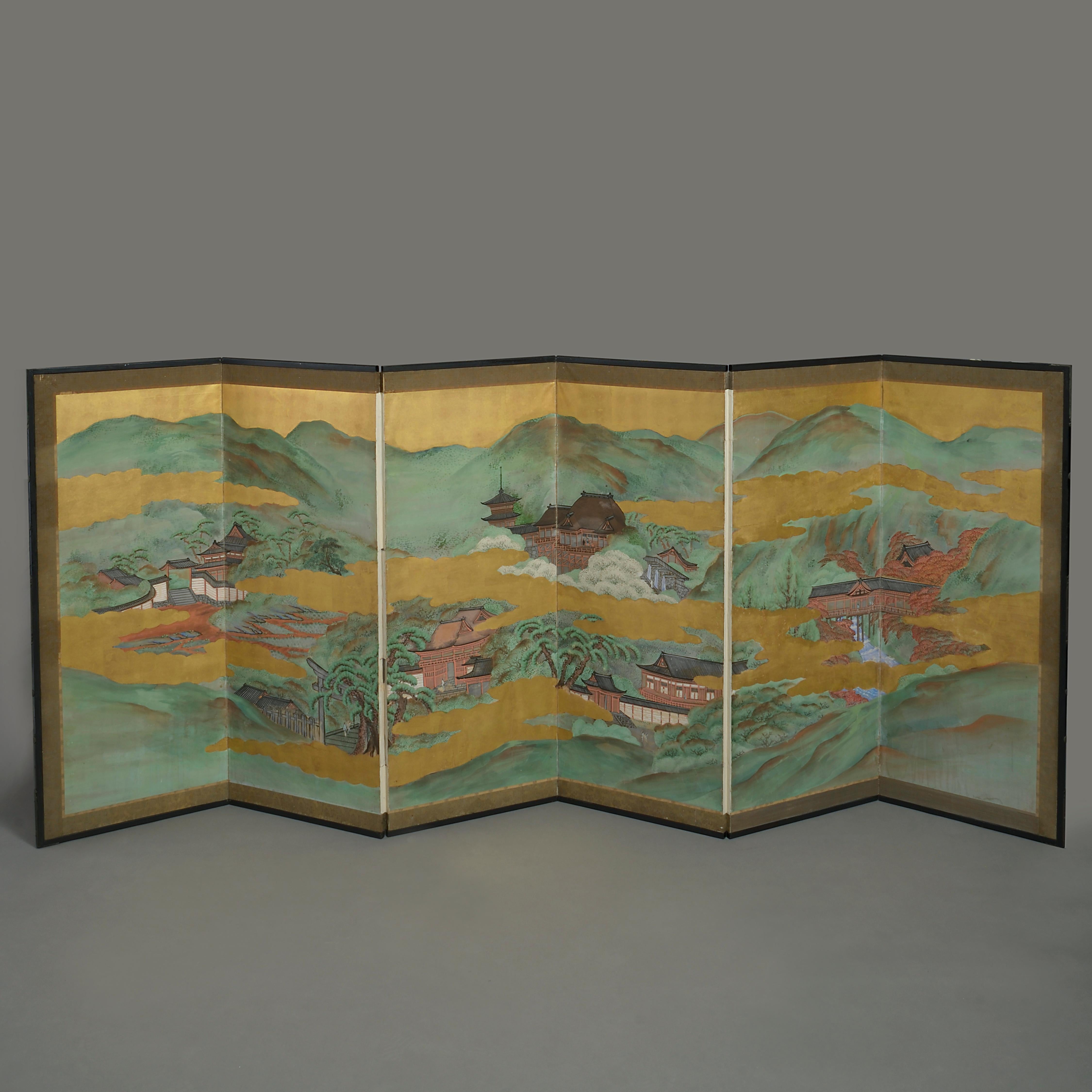 Hand-Painted Early 20th Century Gilded Six Fold Paper Screen
