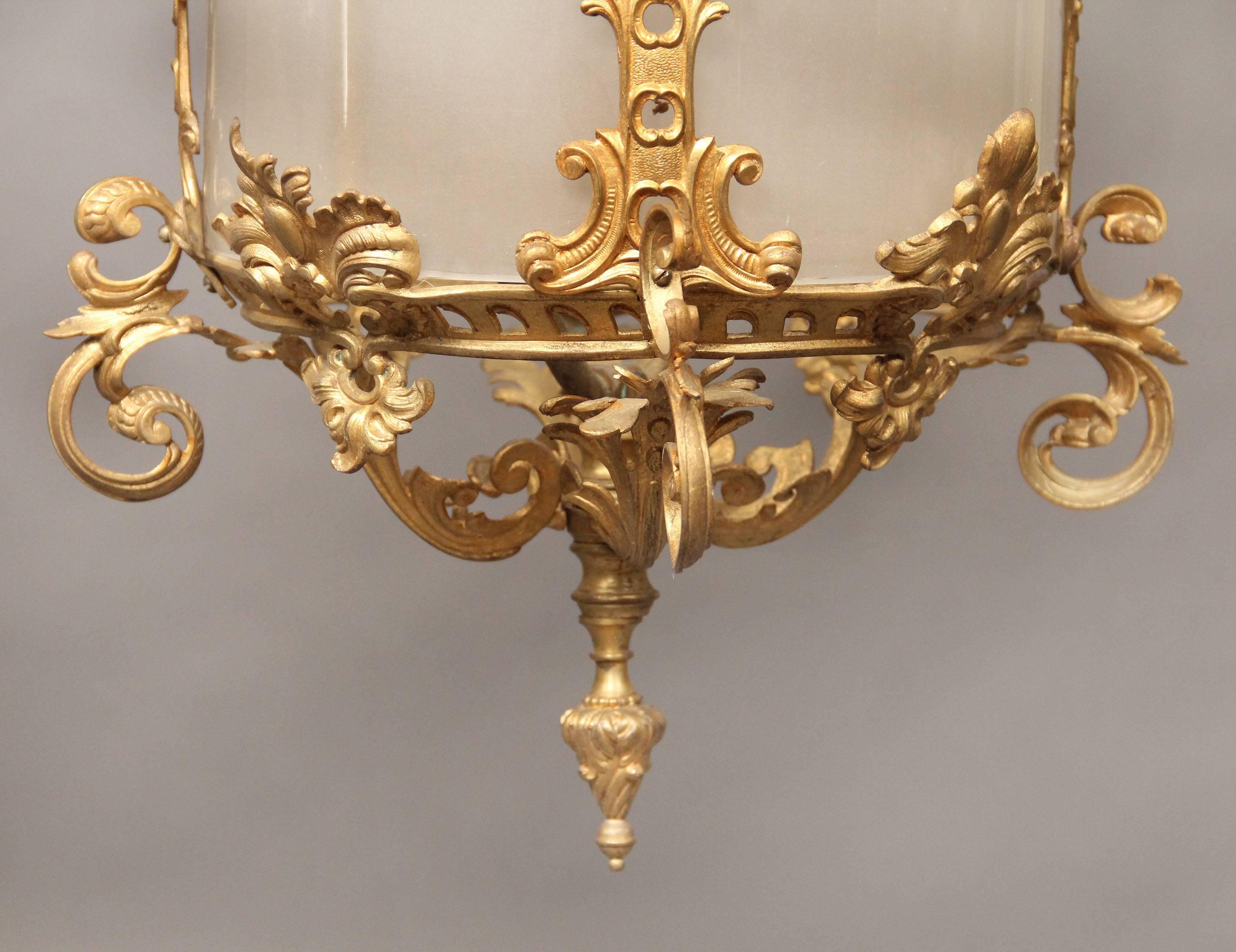 Frosted Early 20th Century Gilt Bronze and Glass Lantern For Sale