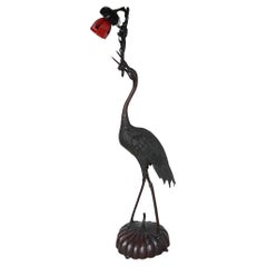 An Early 20th Century Meiji Period Red Crowned Crane Bronze Floor Lamp