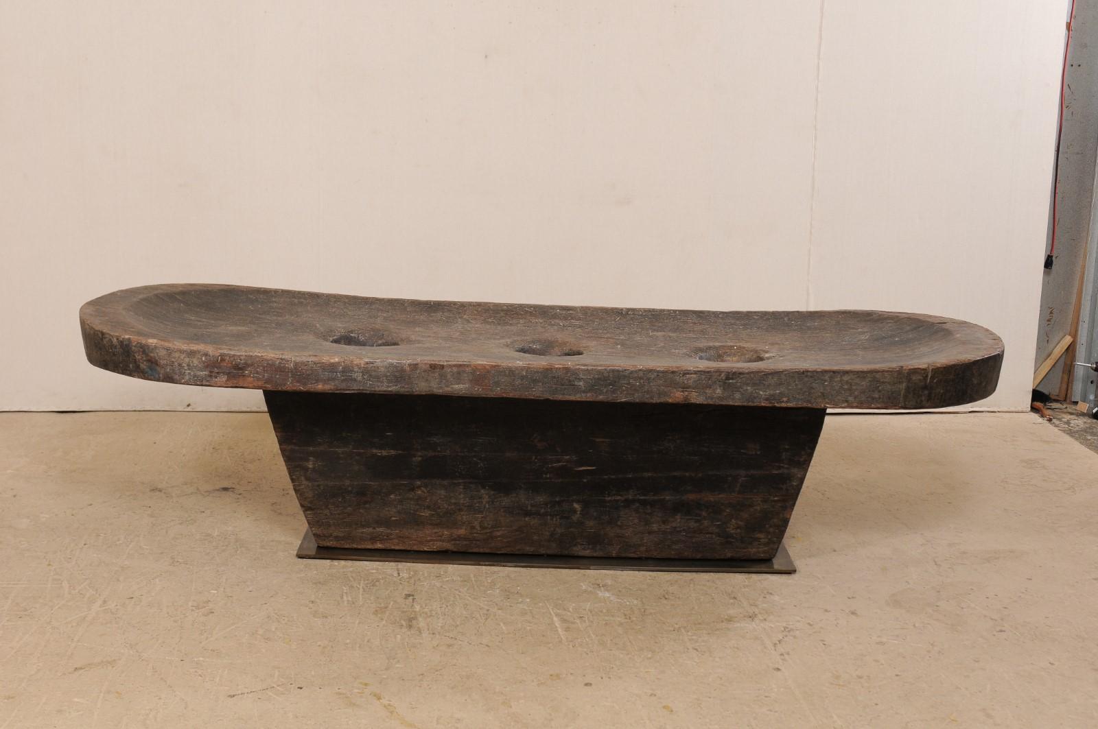 Hand-Carved Early 20th Century Naga Grain Grinding Table, Carved from a Single Log