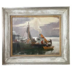 Antique Early 20th Century Oil on Canvas "Boat in Harbor