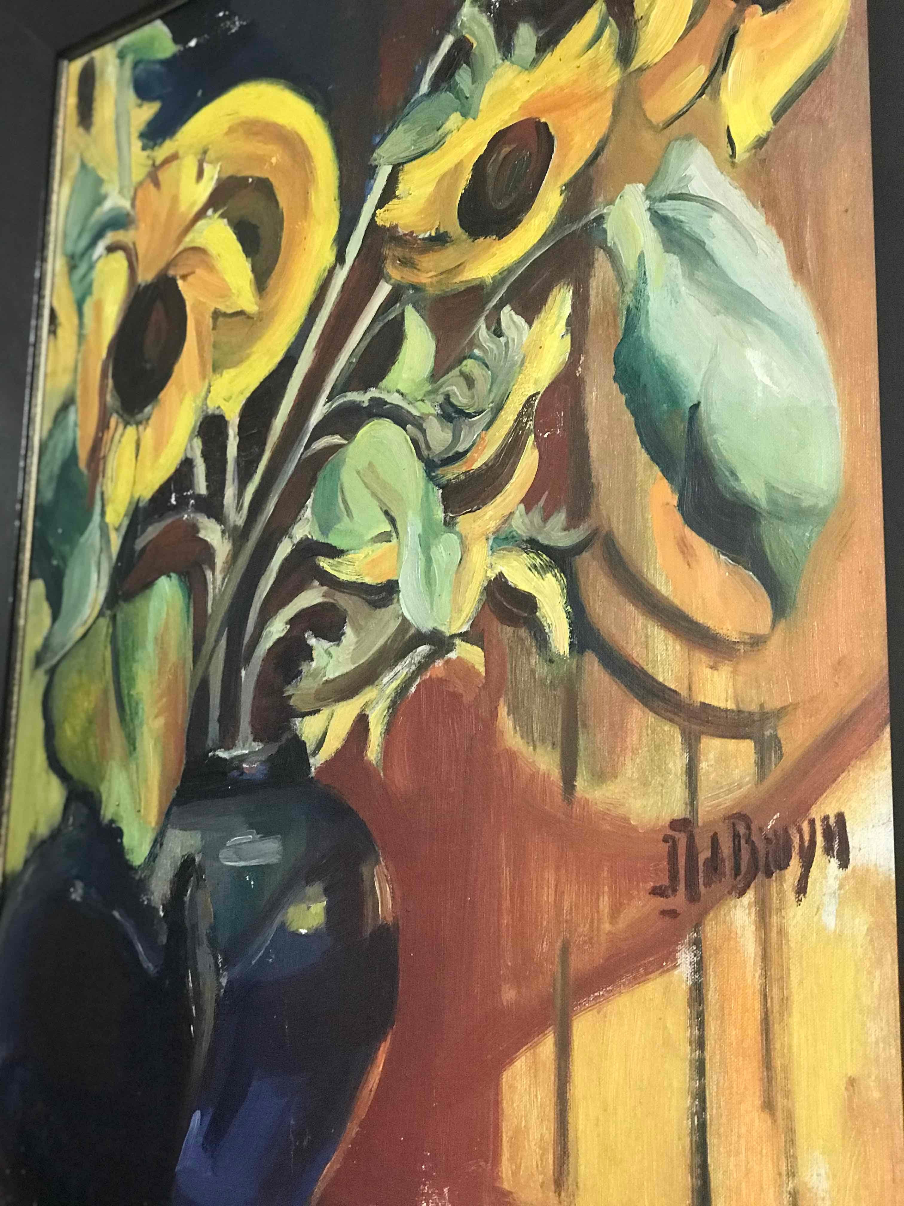 An early 20th century oil on canvas painting of sunflowers. Originating from Belgium, circa 1900. 