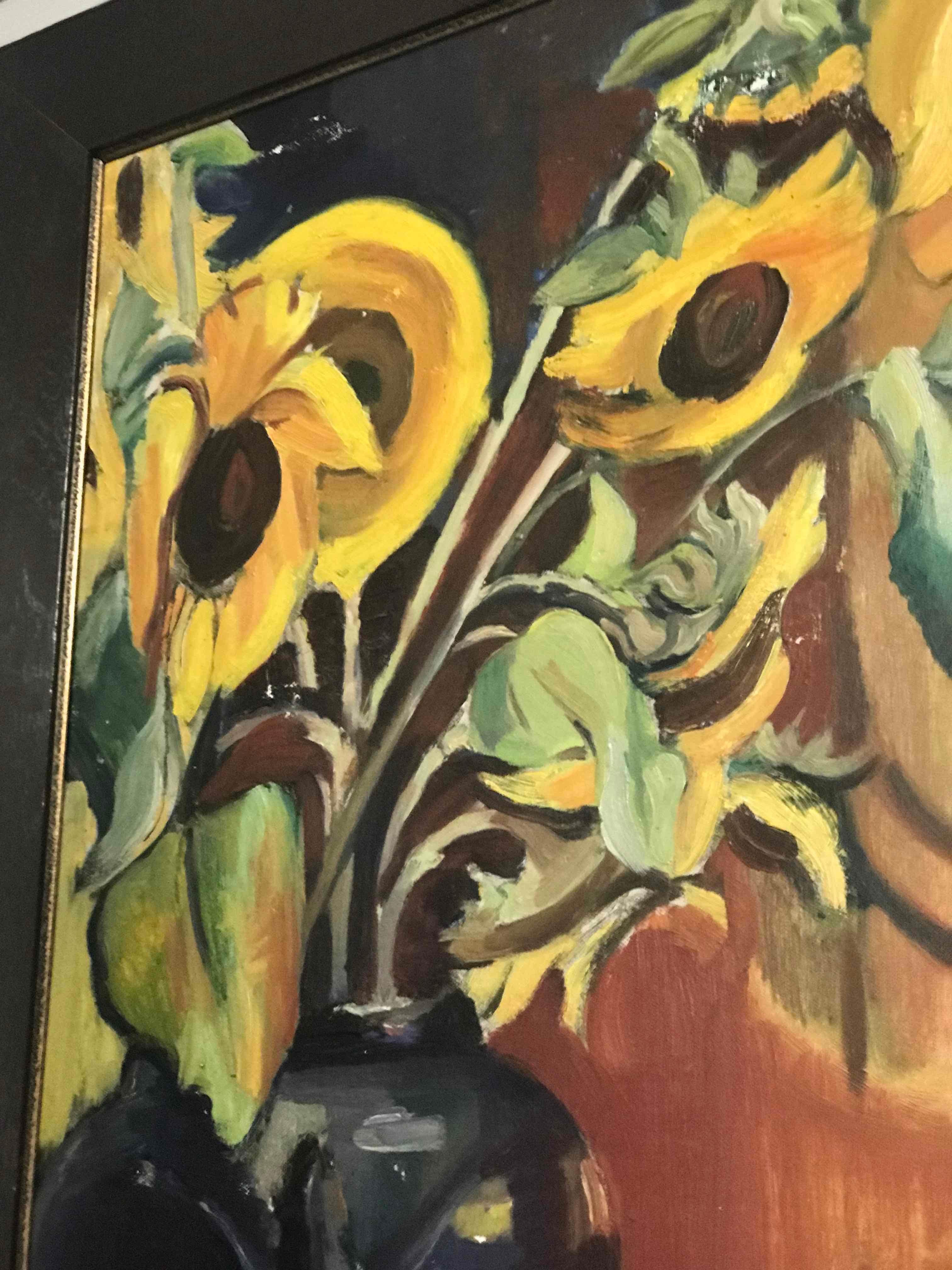 An Early 20th Century Oil Painting of Sunflowers on Canvas In Good Condition In Los Angeles, CA