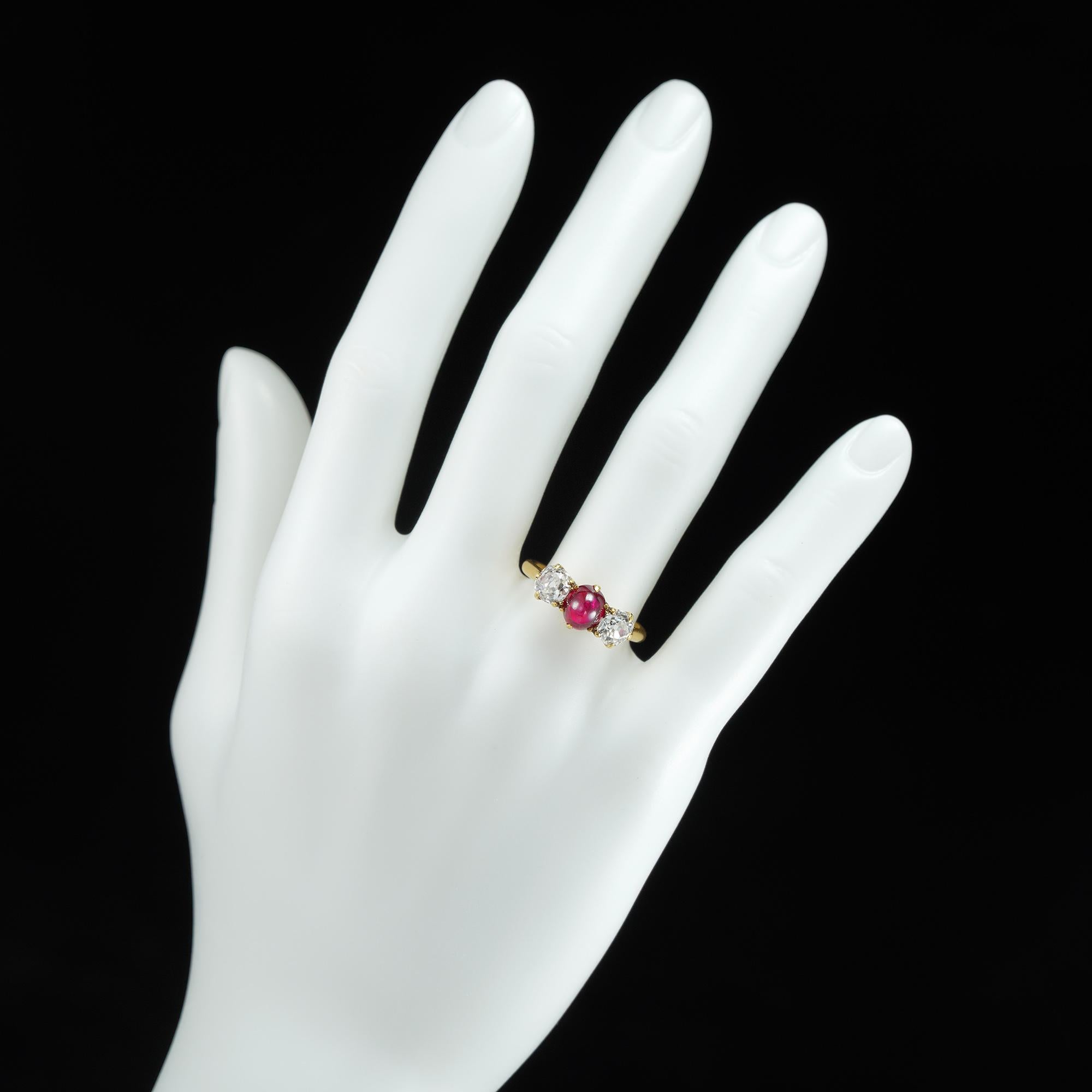Old European Cut Early 20th Century Ruby and Diamond Three-Stone Ring For Sale