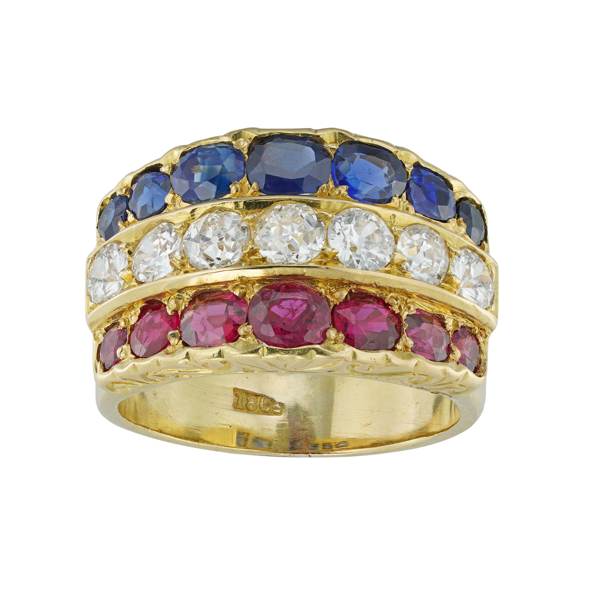 Women's or Men's Early 20th Century Ruby, Diamond and Sapphire Ring