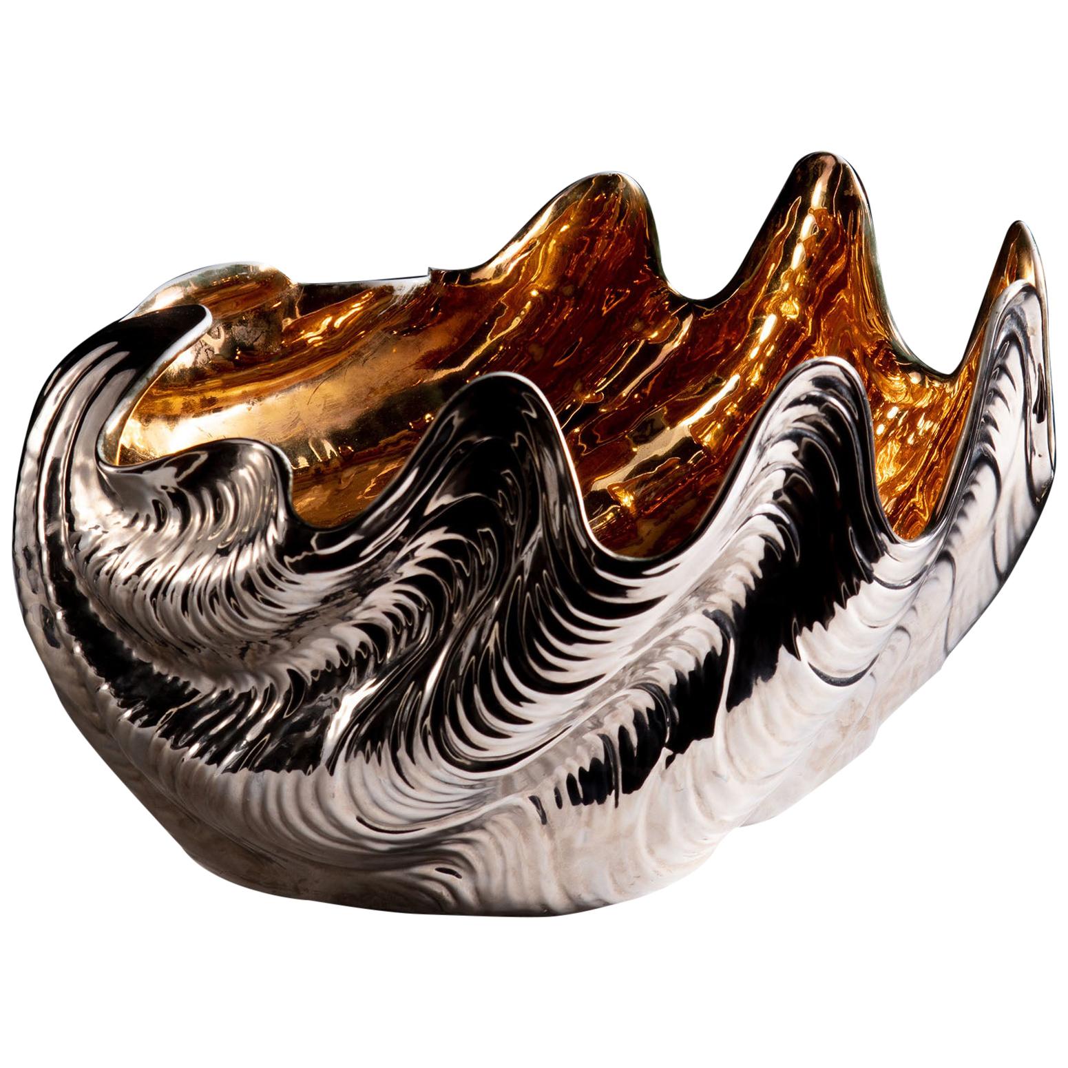 Early 20th Century Silvered and Gilt Porcelain Clam Shell of Large Scale